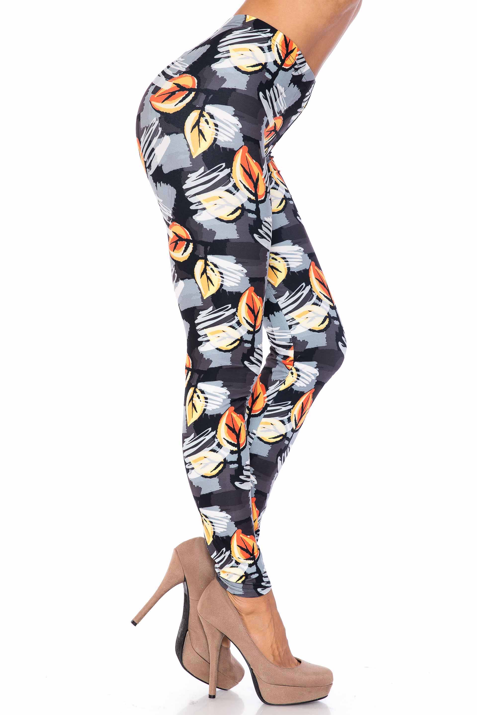 Creamy Soft Orange Leaf Breeze Extra Plus Size Leggings - 3X-5X - USA Fashion (XPlus One Size,Charcoal)