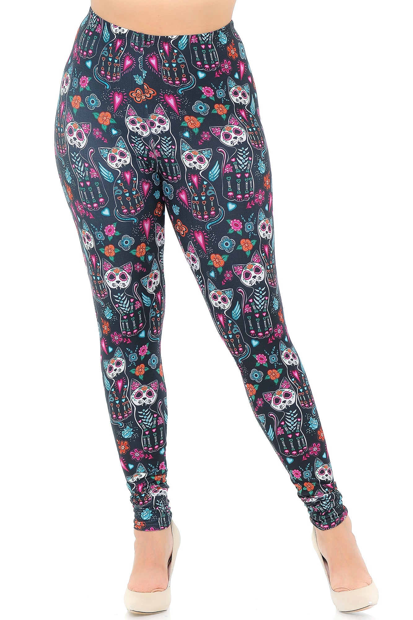 Creamy Soft Sugar Skull Kitty Cats Extra Plus Size Leggings - 3X-5X - USA Fashion (XPlus One Size,Multi Color Bold)