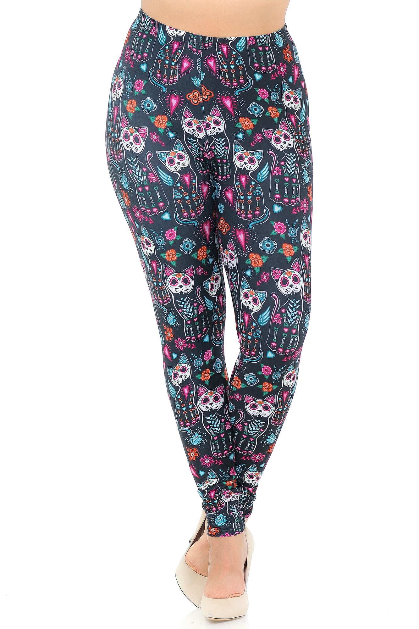 Creamy Soft Sugar Skull Kitty Cats Extra Plus Size Leggings - 3X-5X - USA Fashion (XPlus One Size,Multi Color Bold)