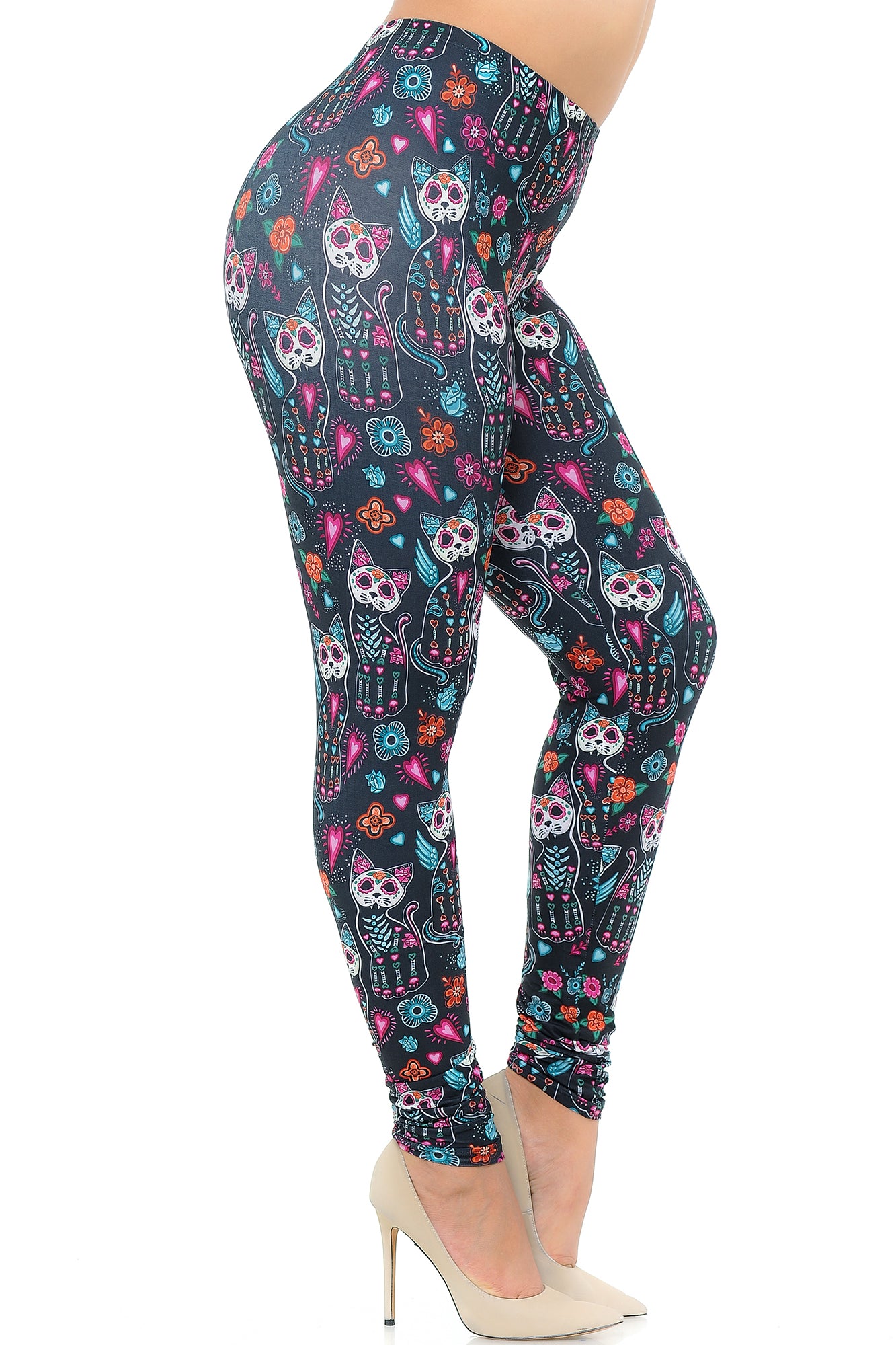 Creamy Soft Sugar Skull Kitty Cats Extra Plus Size Leggings - 3X-5X - USA Fashion (XPlus One Size,Multi Color Bold)