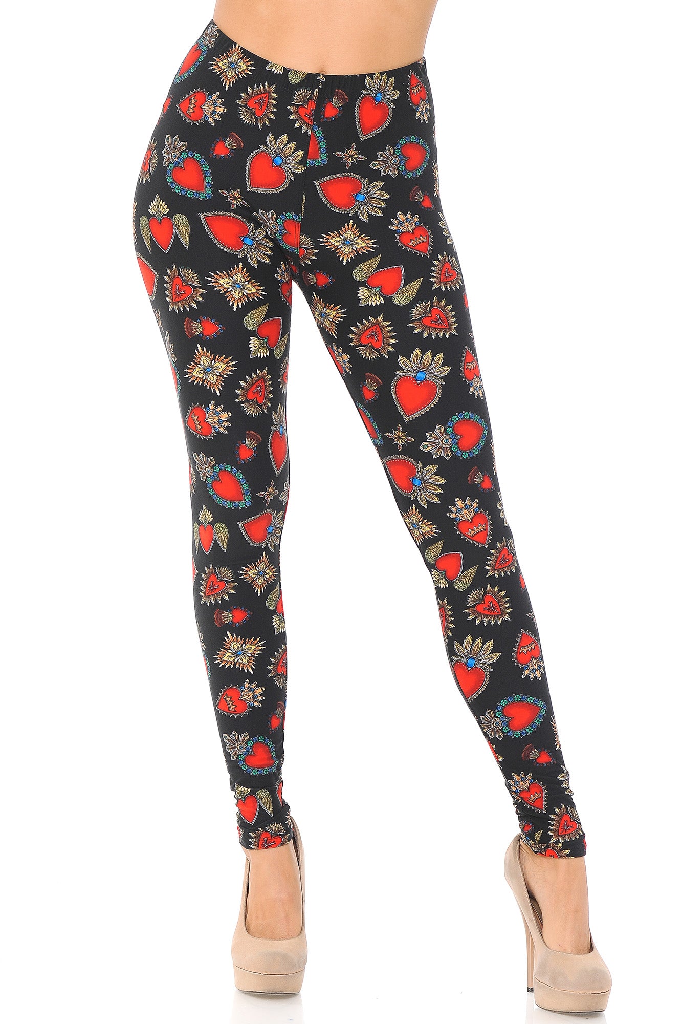 Buttery Soft Jeweled Hearts Extra Plus Size Leggings - 3X-5X (Red,XPlus One Size)