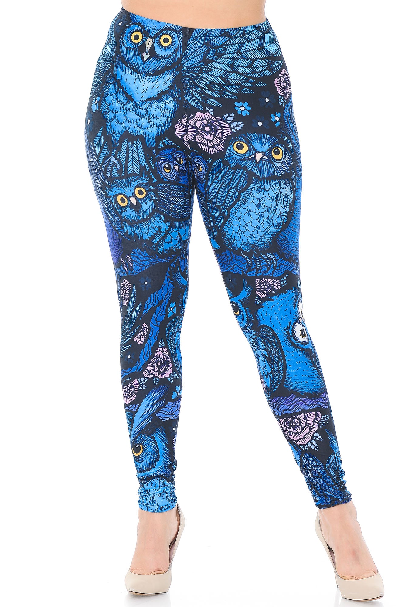 Creamy Soft Blue Owl Collage Extra Plus Size Leggings - 3X-5X - USA Fashion (XPlus One Size,Blue)