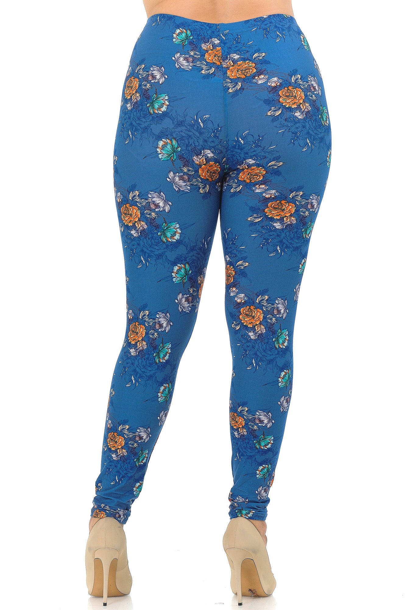 Buttery Soft Denim Blue Floral Rose Extra Plus Size Leggings - 3X-5X (XPlus One Size,Blue)