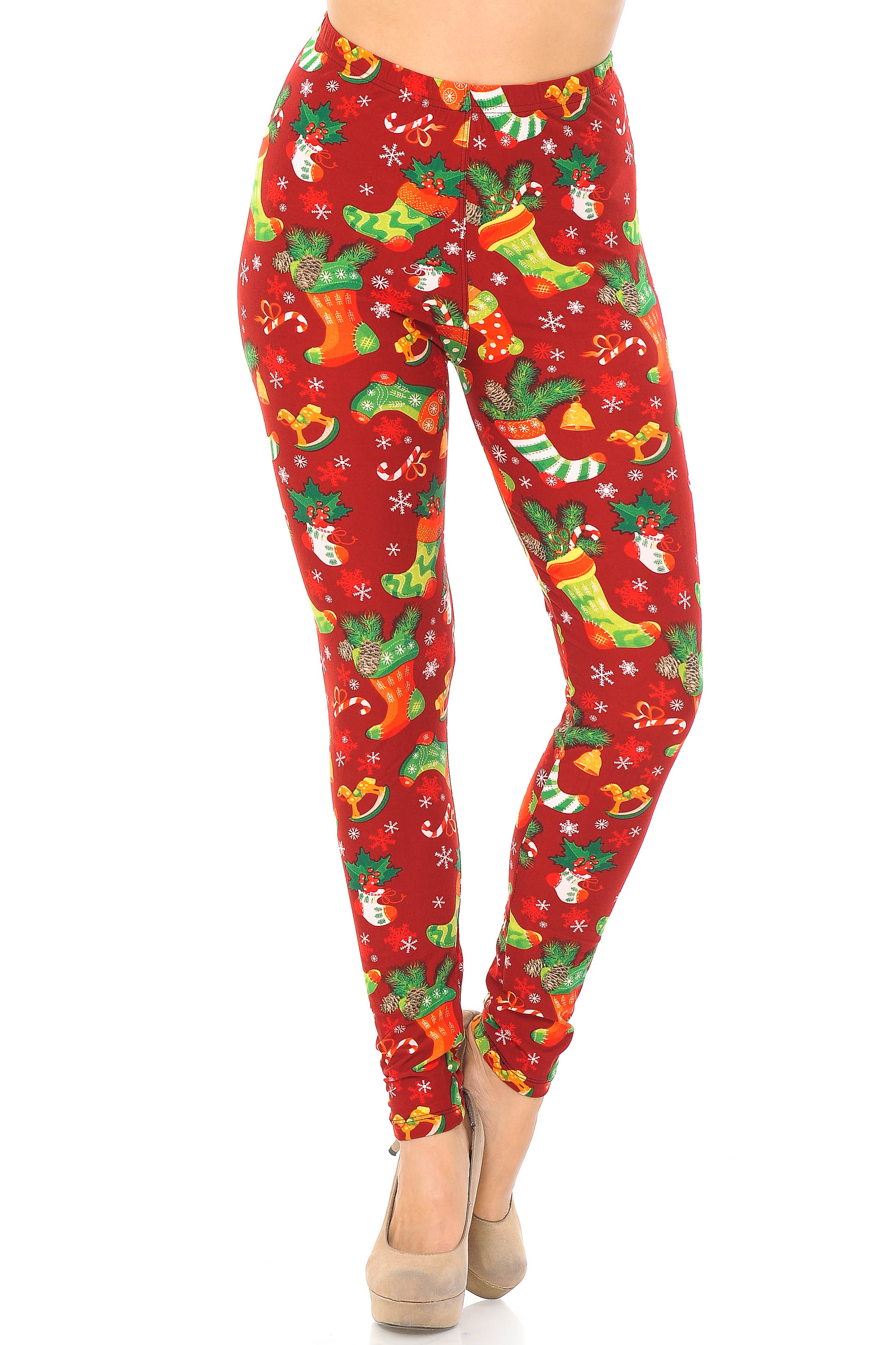 Buttery Soft Ruby Red Christmas Stocking Extra Plus Size Leggings - 3X-5X (Red,XPlus One Size)