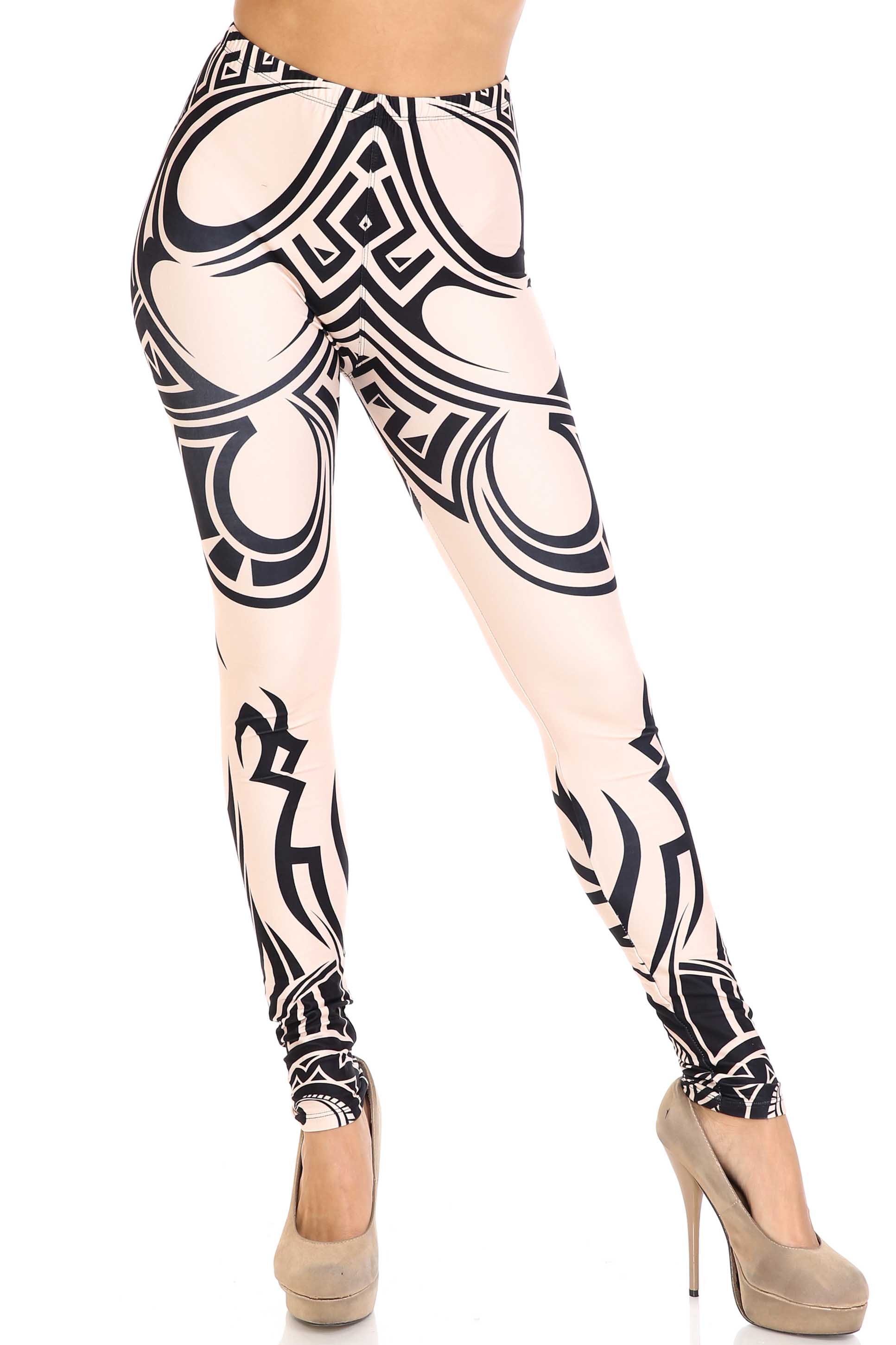 Creamy Soft Celestial Tribal Extra Plus Size Leggings - 3X-5X - USA Fashion (XPlus One Size,Beige)