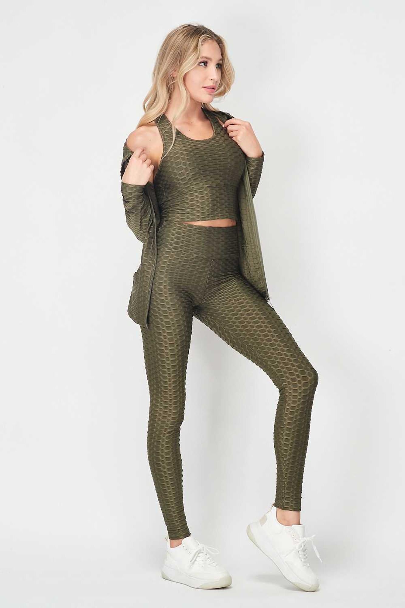 3 Piece Scrunch Butt Leggings Crop Top and Hoodie Set