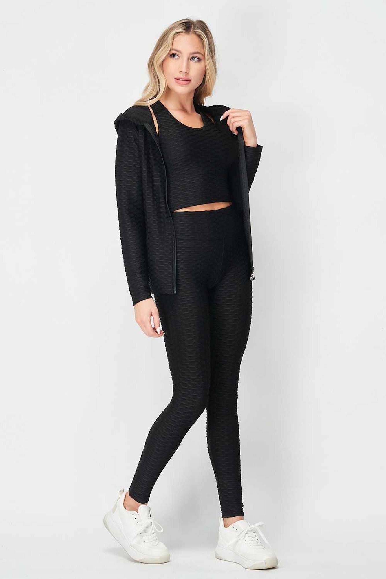 3 Piece Scrunch Butt Leggings Crop Top and Hoodie Set