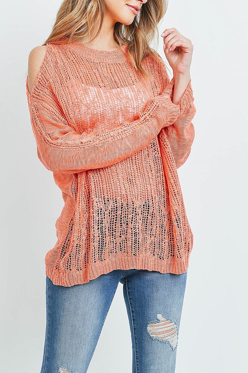 Sheer Crochet Detail Cold Shoulder Sweater