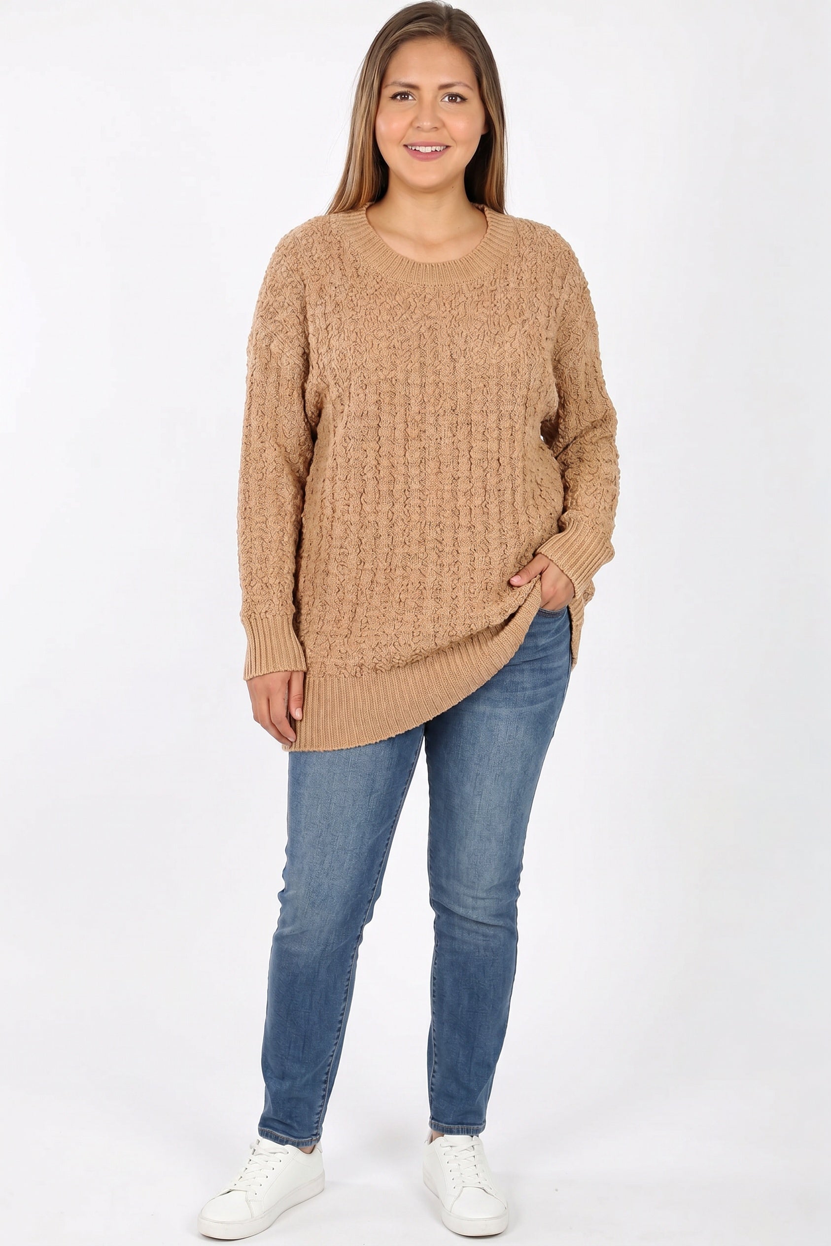 Cable Knit Popcorn Round Neck Hi|Low Plus Size Sweater