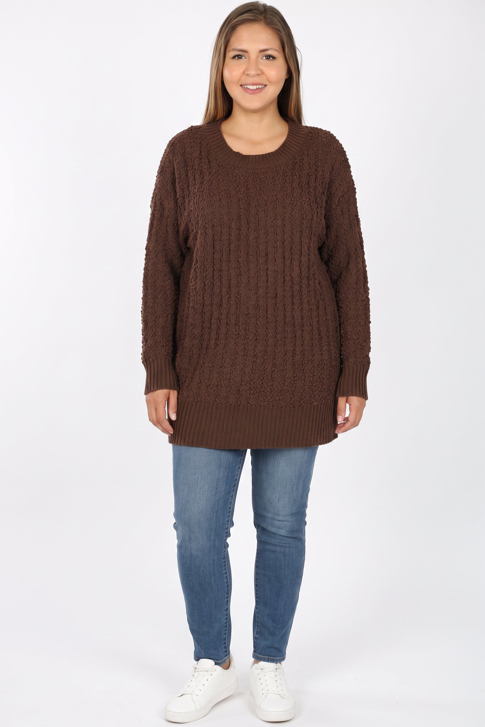 Cable Knit Popcorn Round Neck Hi|Low Plus Size Sweater