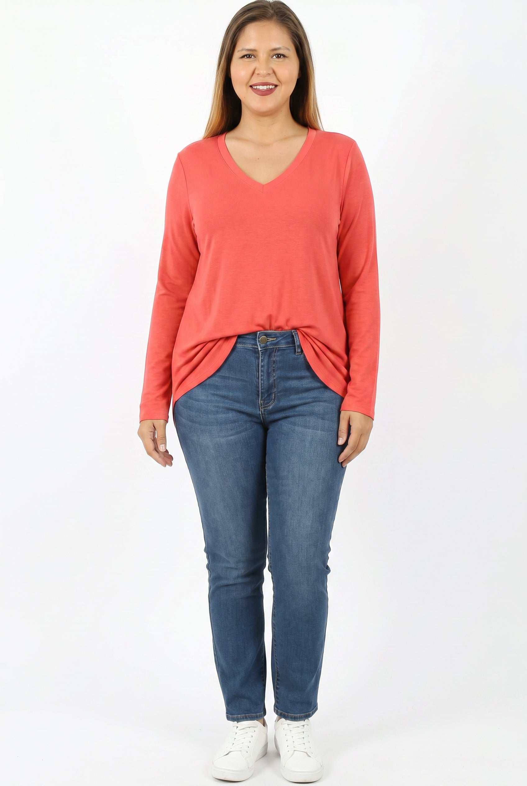 Premium V|Neck Round Hem Long Sleeve Plus Size Top