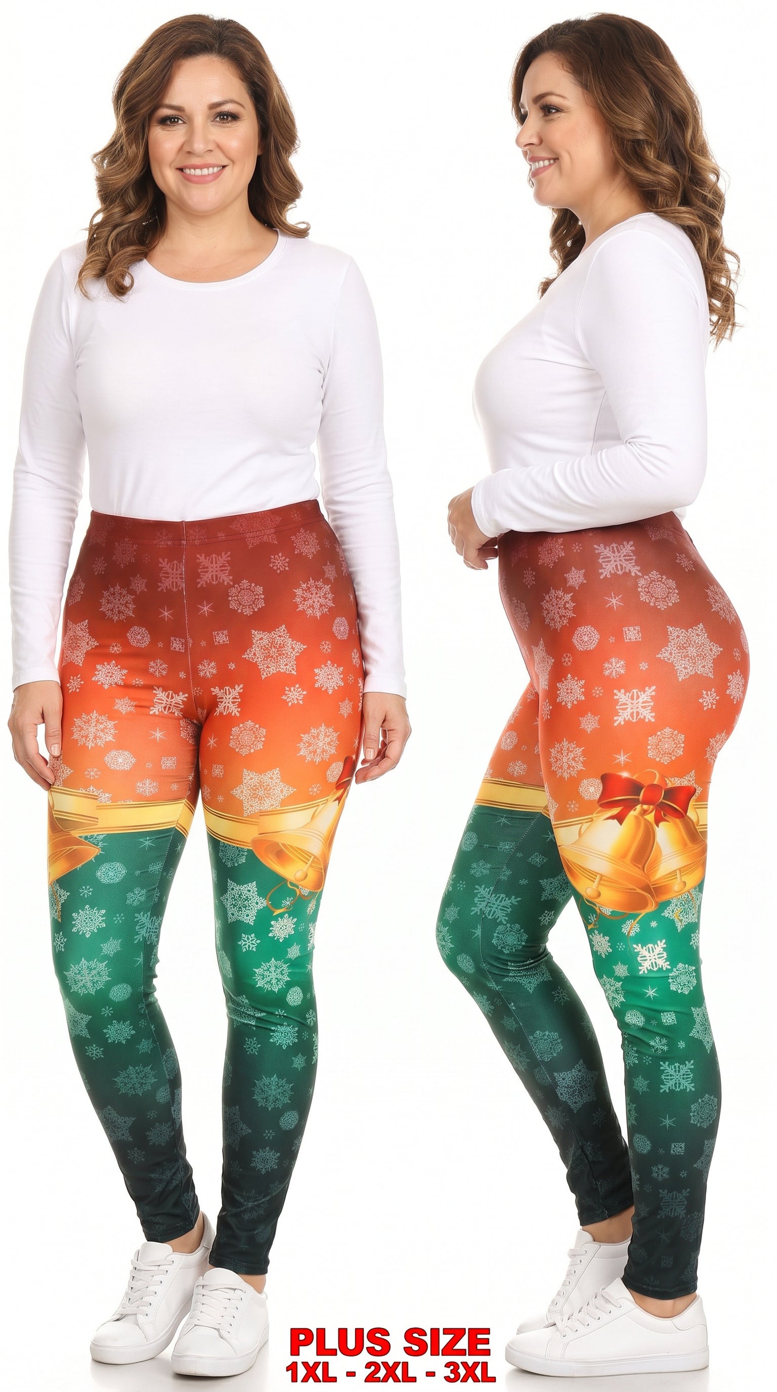 Festive Red and Green Split Christmas Bells Leggings | Plus Size