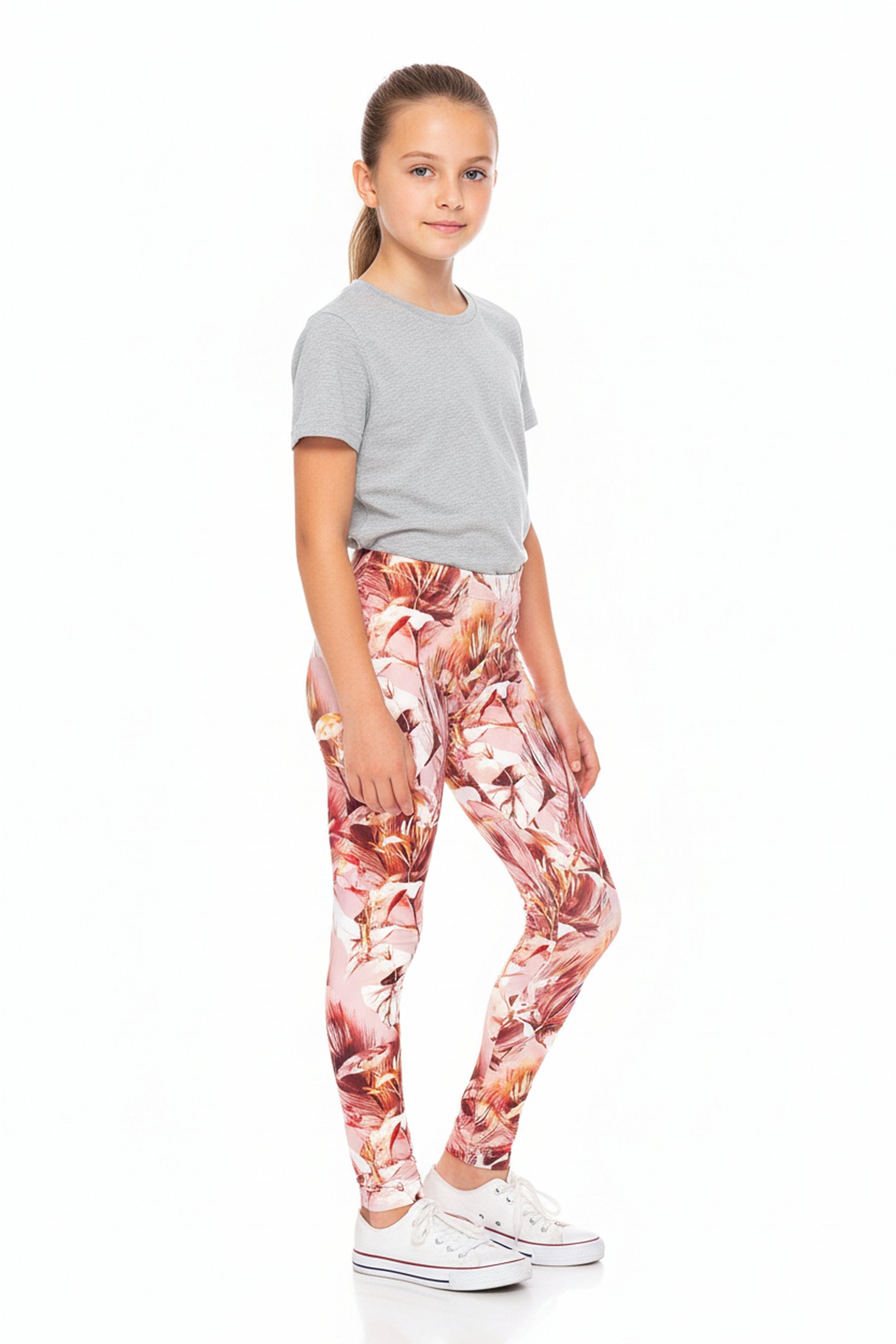 Creamy Soft Mocha Floral Kids Leggings | USA Fashion™