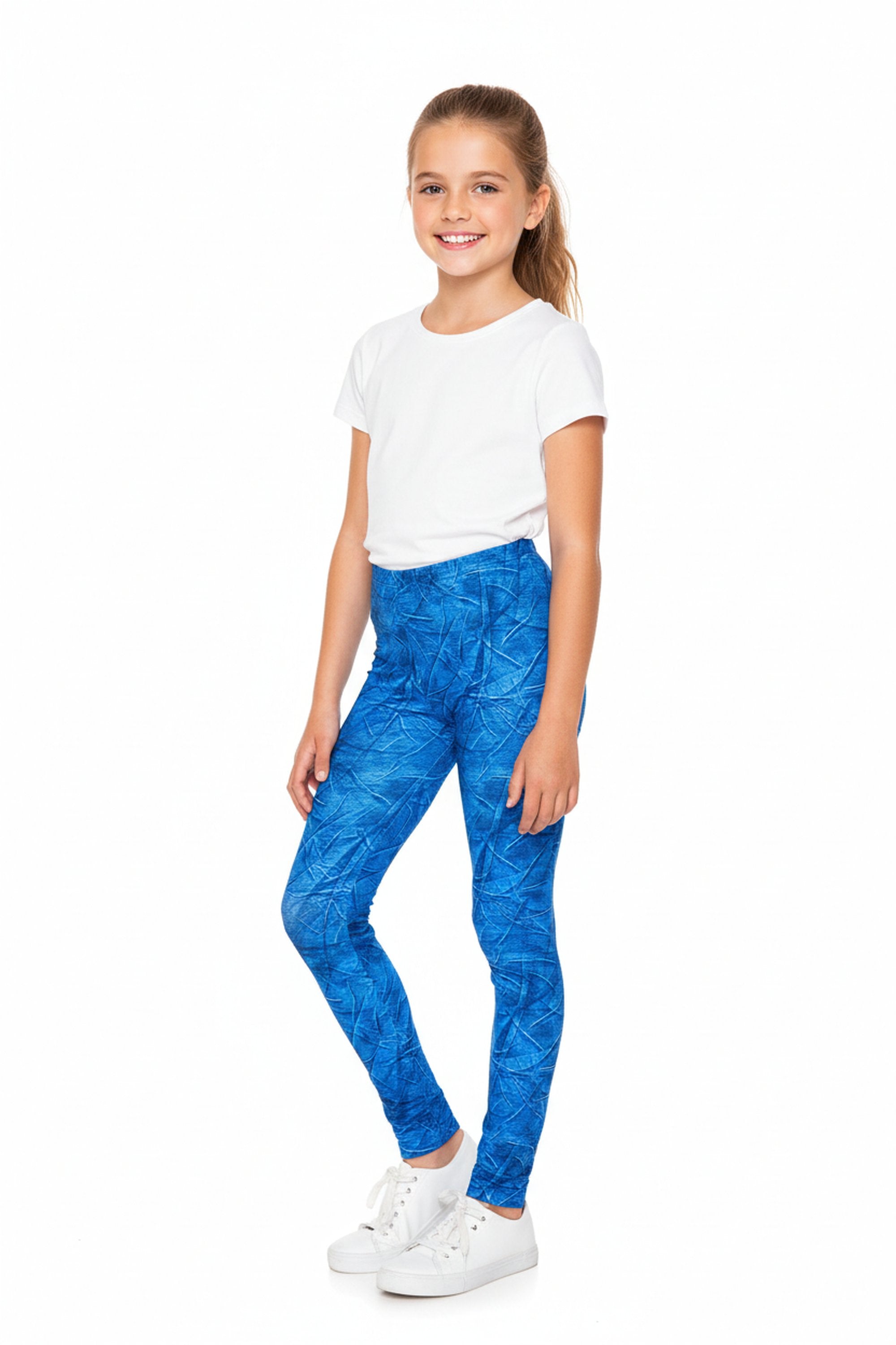 Creamy Soft Blue Wrinkled Denim Kids Leggings | USA Fashion™