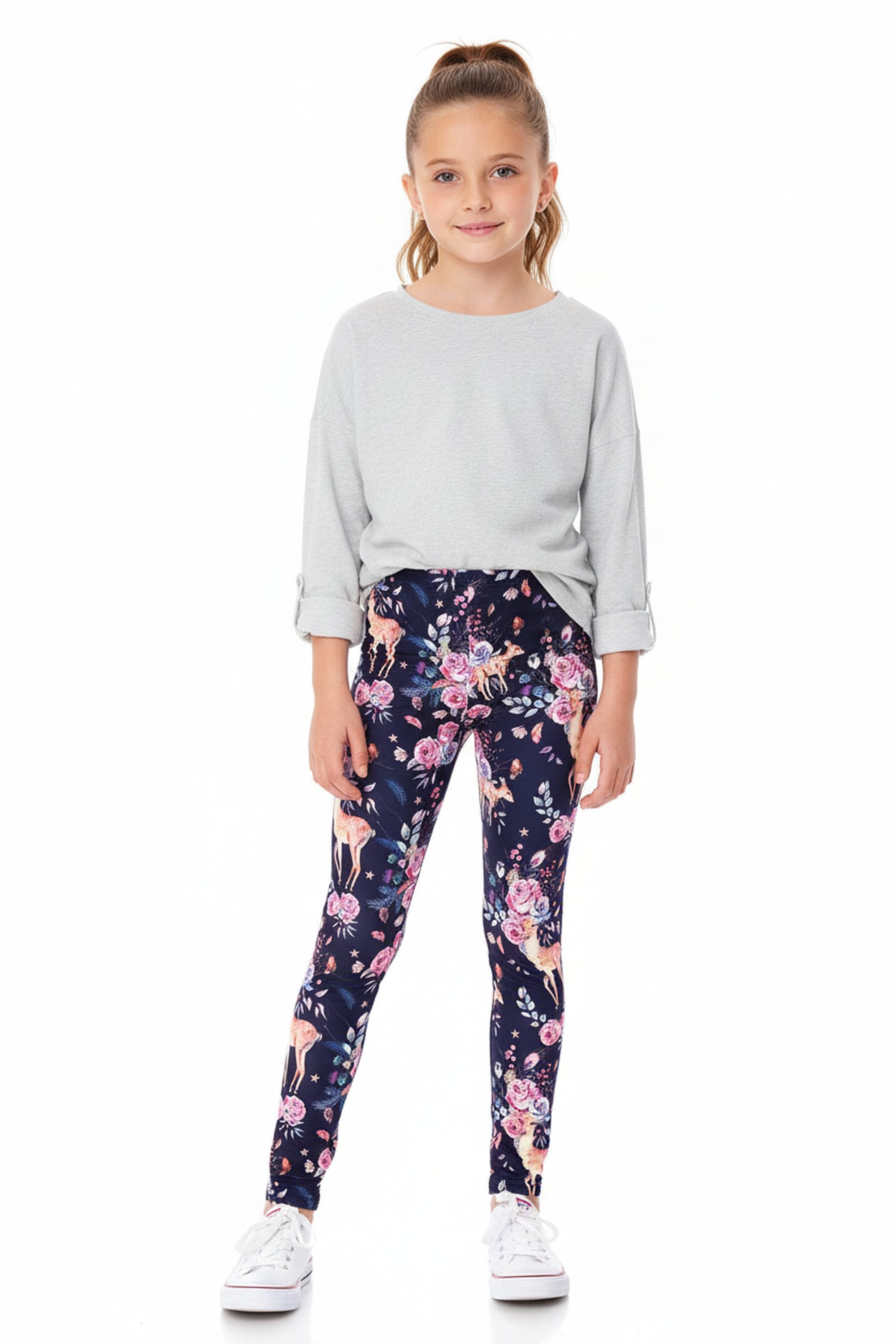 Creamy Soft Woodland Floral Fawn Kids Leggings | USA Fashion™
