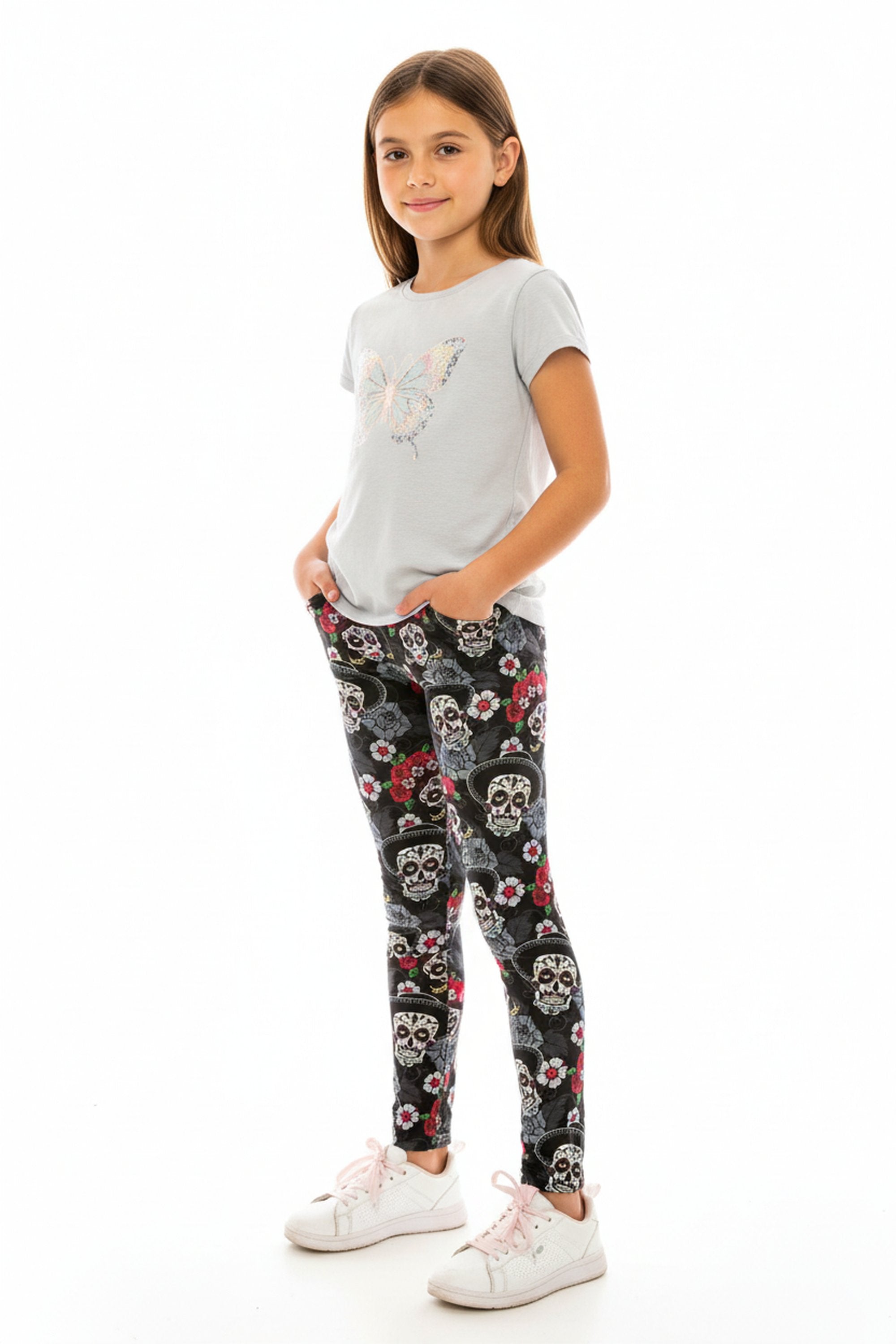 Creamy Soft Sugar Skull Floral Kids Leggings | USA Fashion™