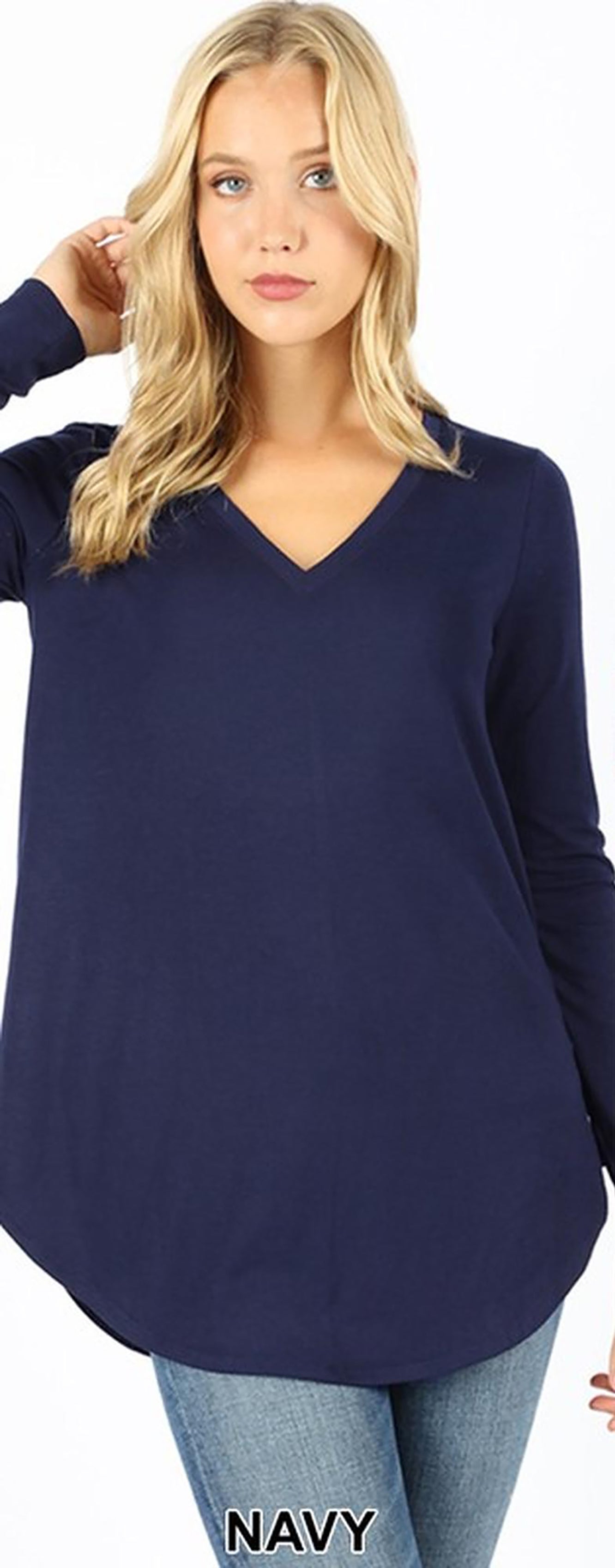Premium V|Neck Round Hem Long Sleeve Plus Size Top