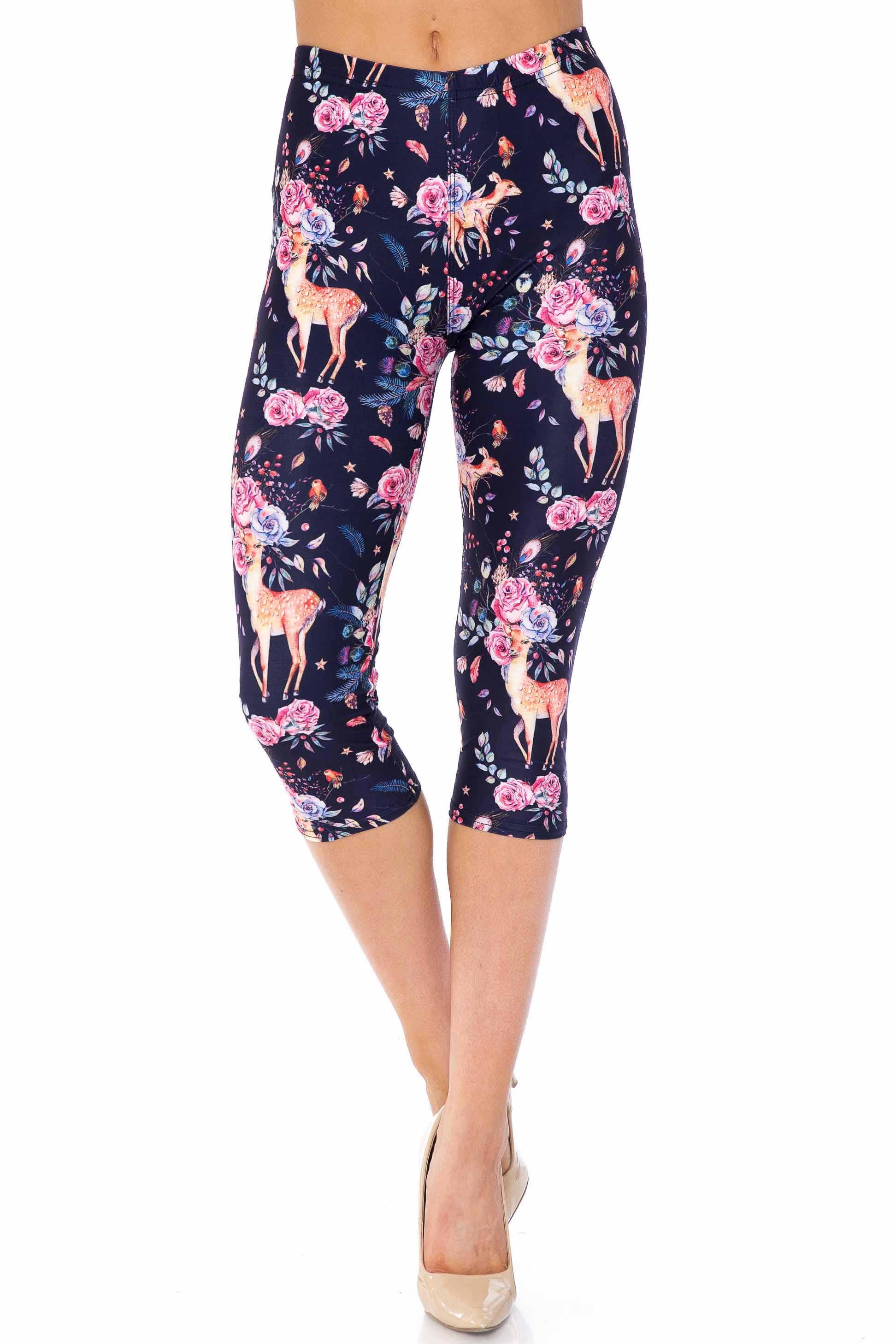 Creamy Soft Woodland Floral Fawn Extra Plus Size Capris - 3X-5X - USA Fashion (XPlus One Size,Black)