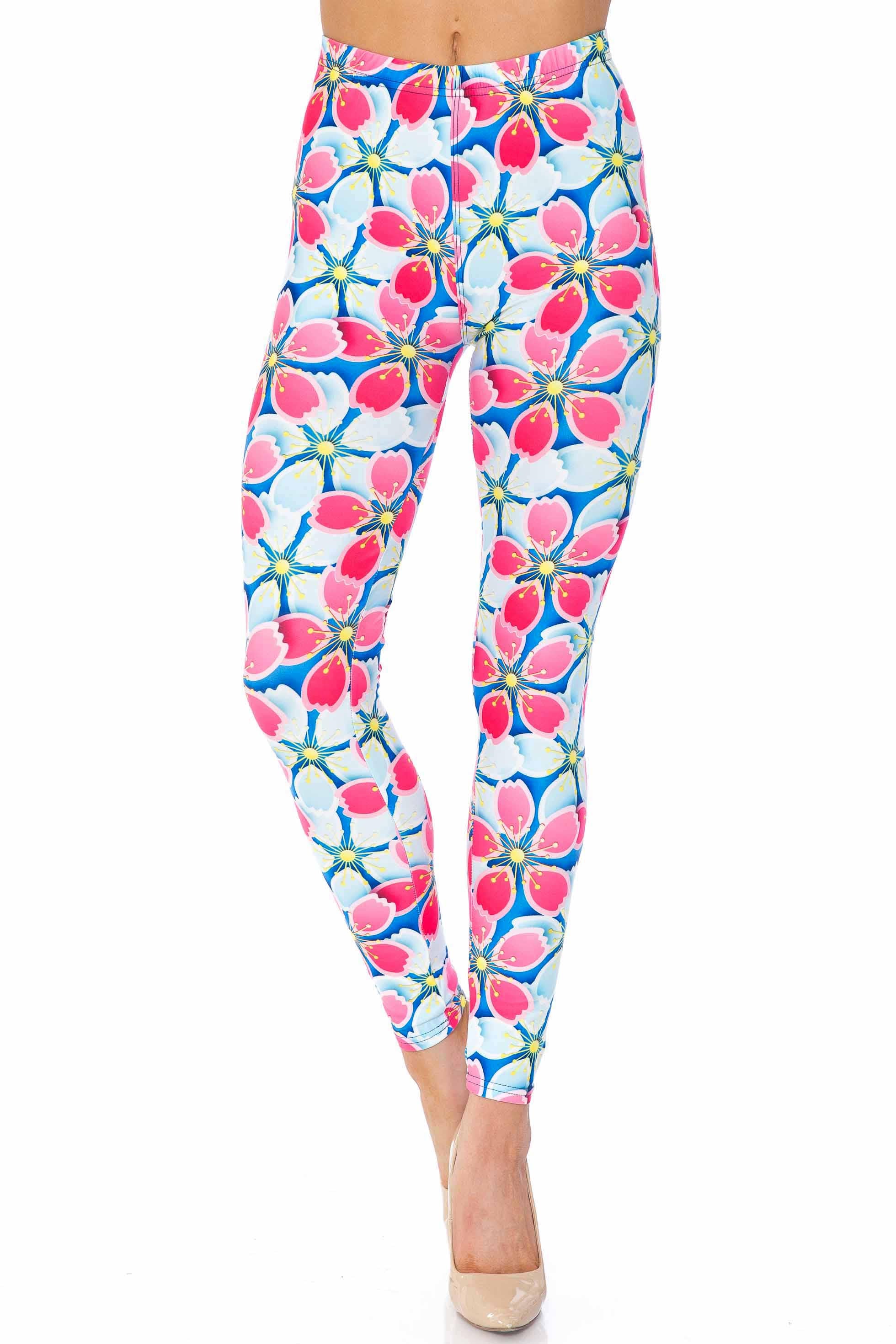 Creamy Soft Pink and Blue Sunshine Floral Extra Plus Size Leggings - 3X-5X - USA Fashion (Pink,XPlus One Size)