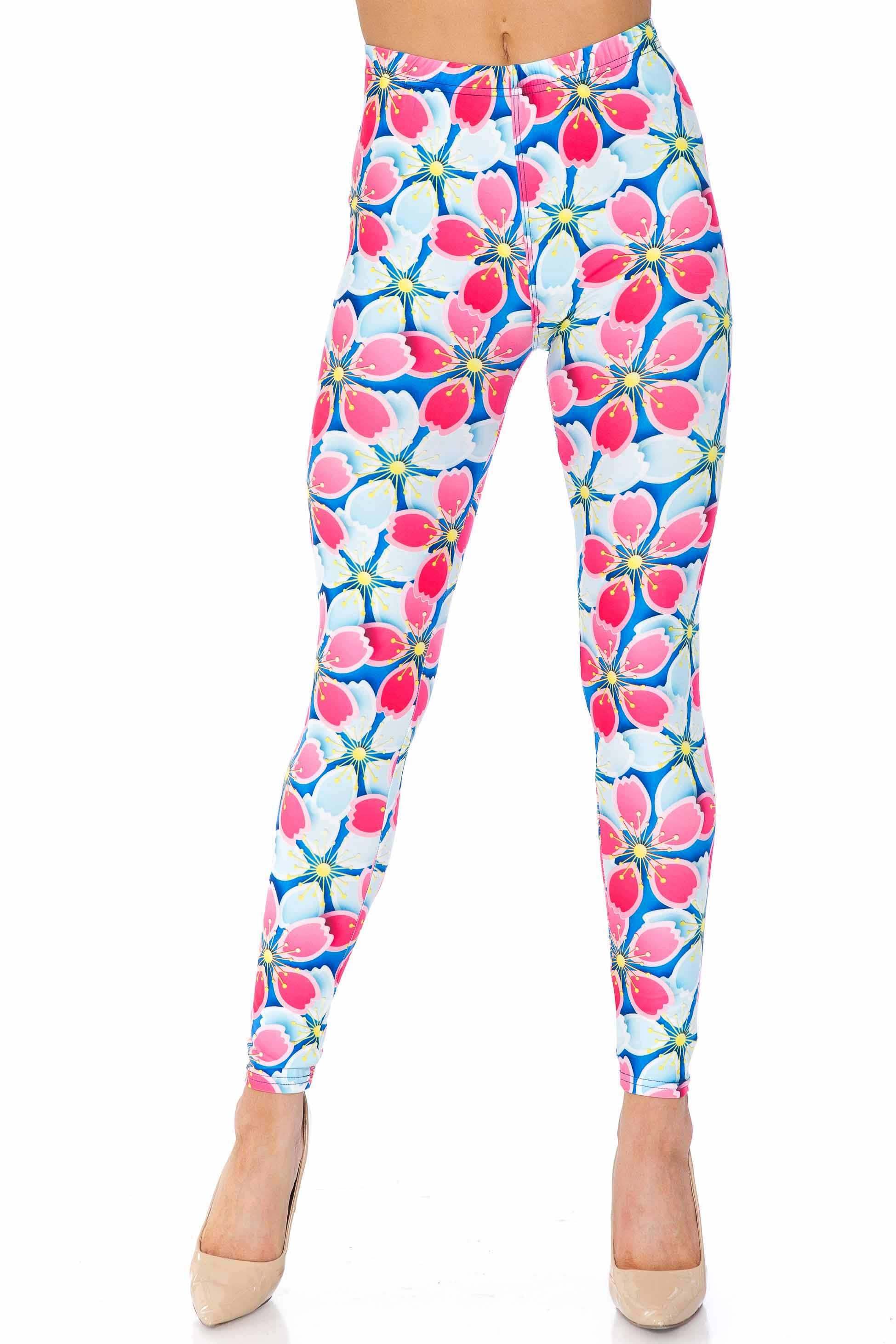 Creamy Soft Pink and Blue Sunshine Floral Extra Plus Size Leggings - 3X-5X - USA Fashion (Pink,XPlus One Size)