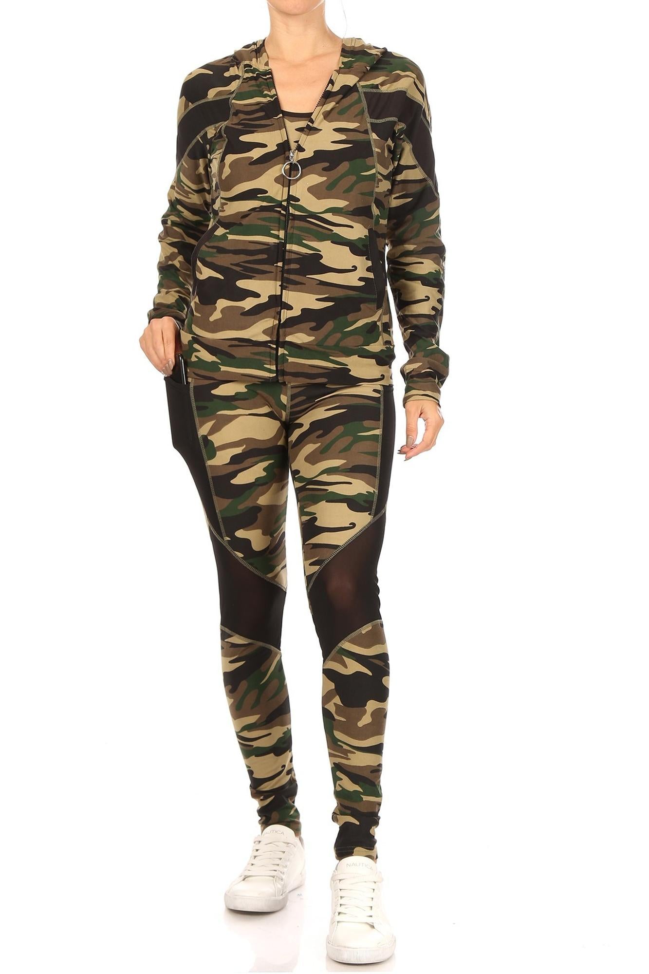 3 Piece Green Camouflage Mesh Mix Leggings Tank Top and Hooded Jacket Set