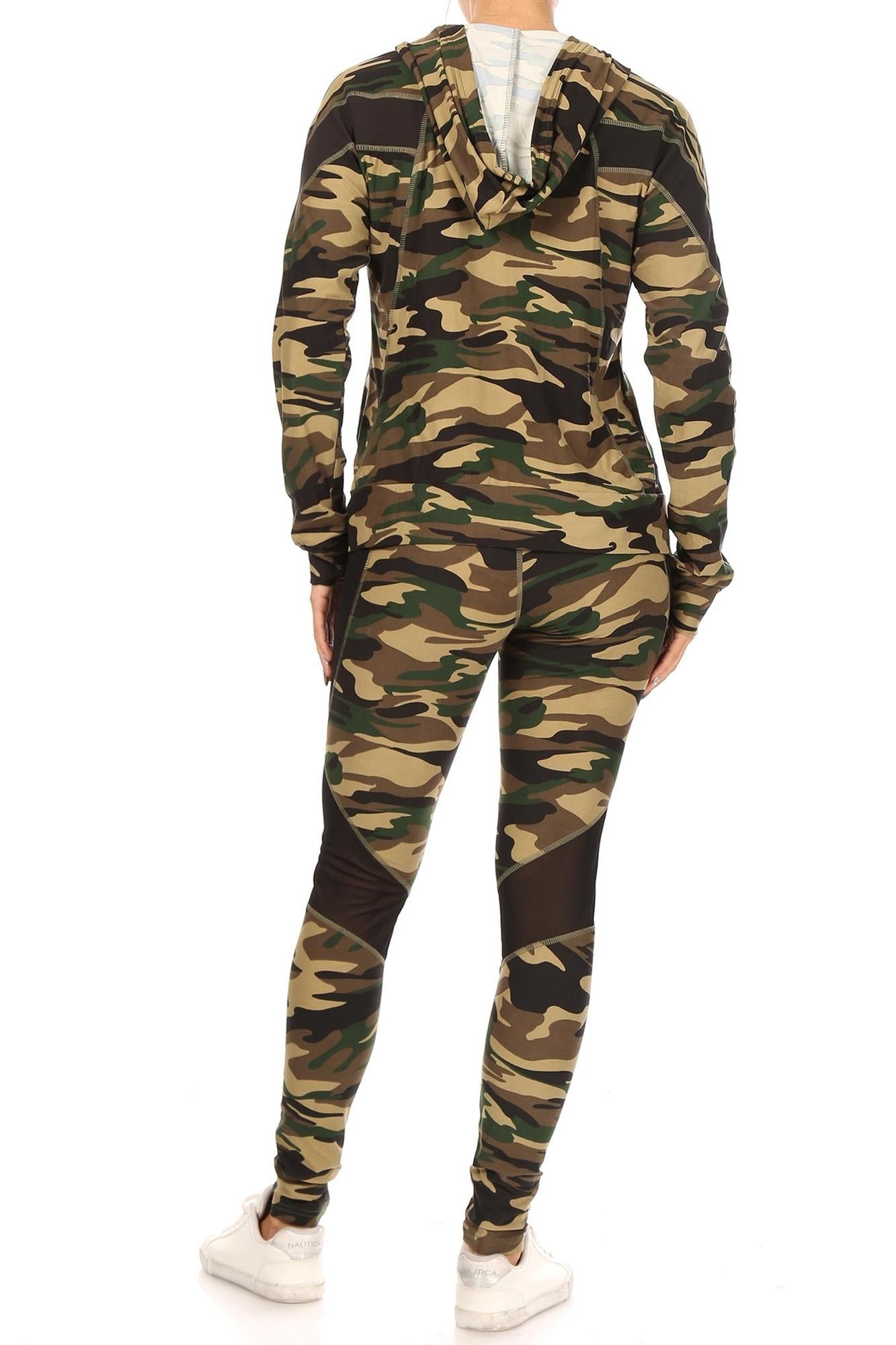 3 Piece Green Camouflage Mesh Mix Leggings Tank Top and Hooded Jacket Set