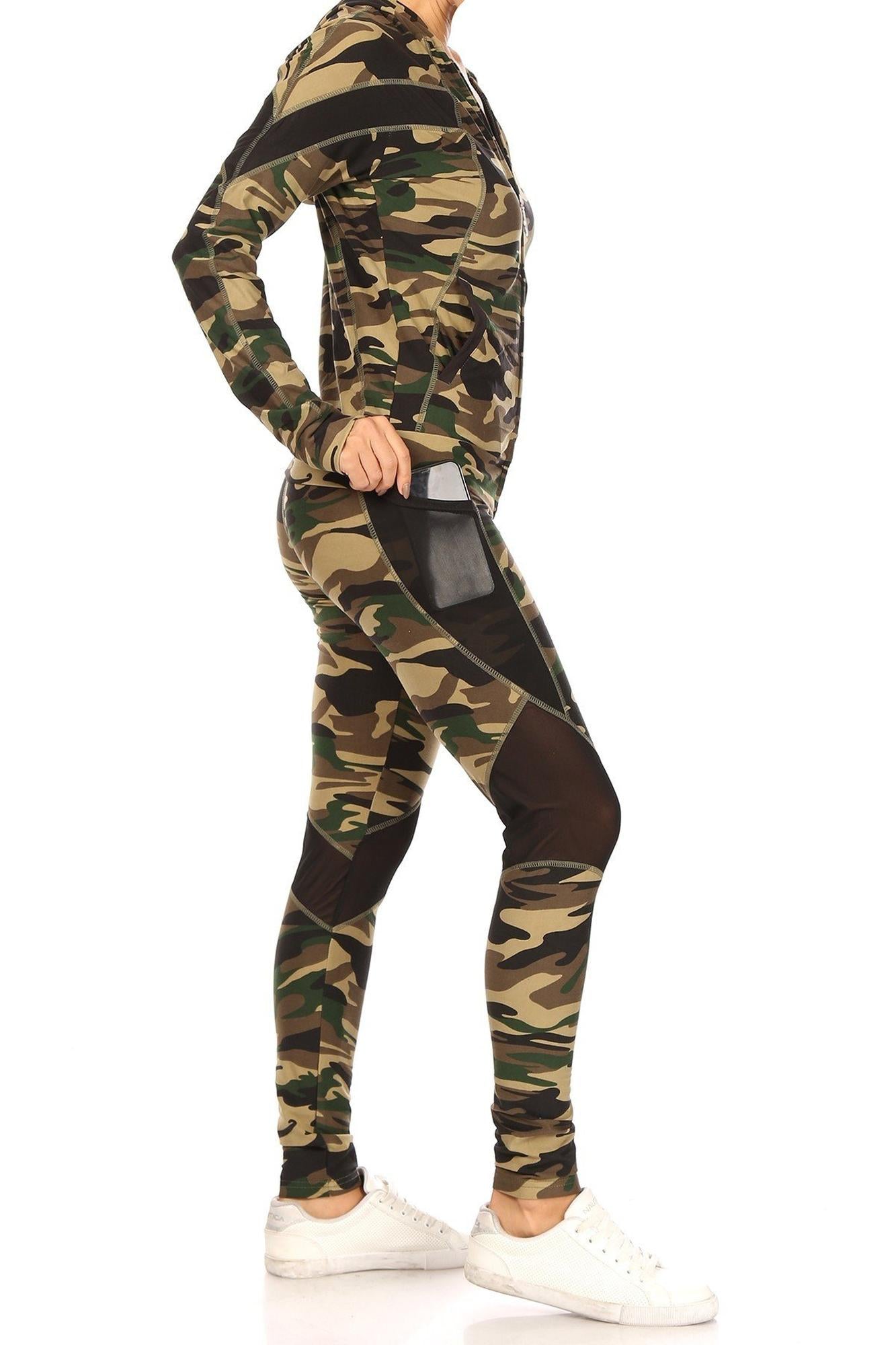 3 Piece Green Camouflage Mesh Mix Leggings Tank Top and Hooded Jacket Set