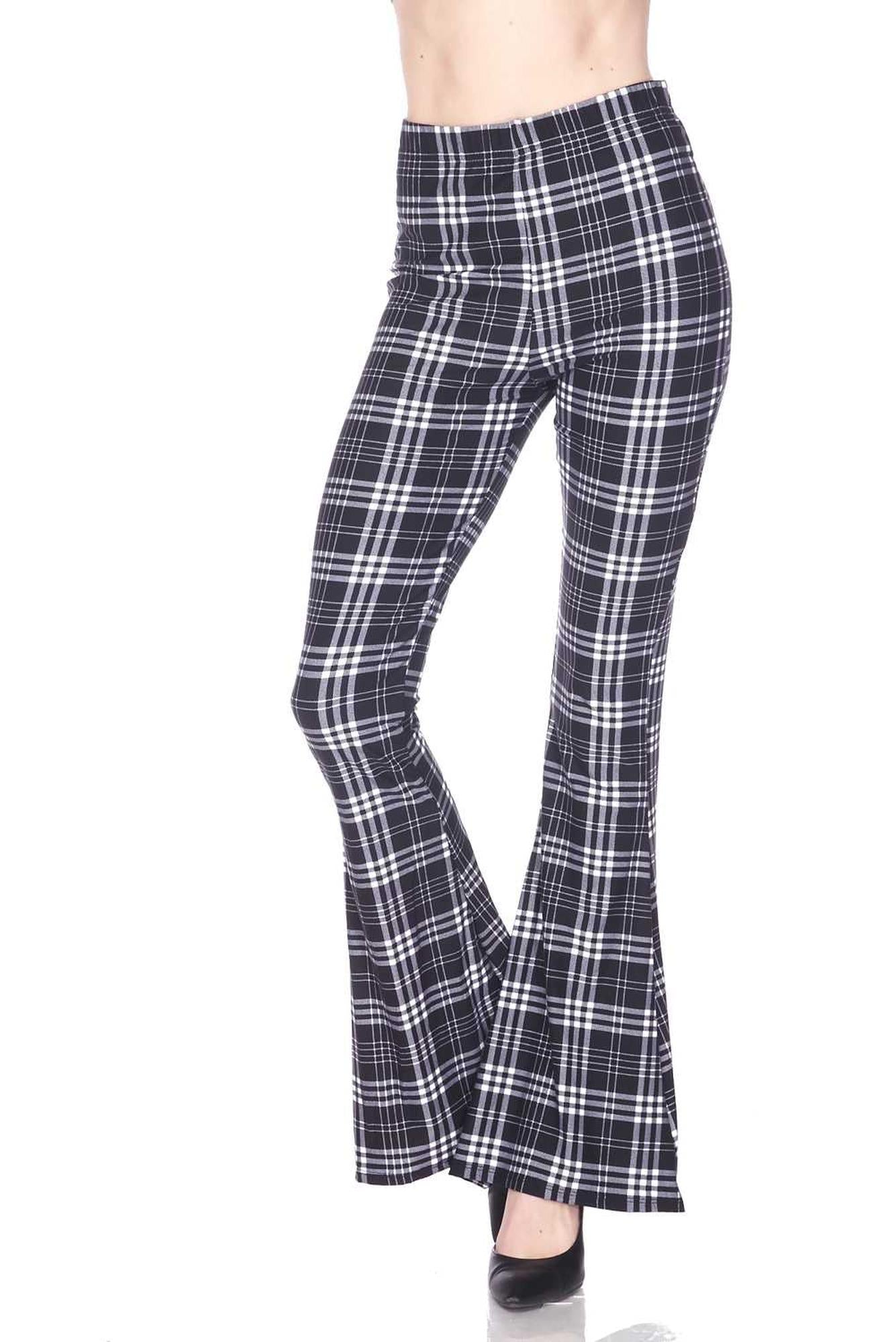 Buttery Smooth Traditional Black and White Plaid Bell Bottom Leggings