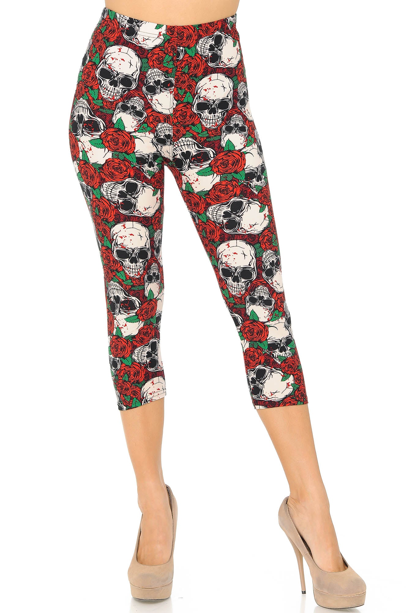 Buttery Soft Pink Petal Sugar Skull Capris (One Size Regular,Pink)