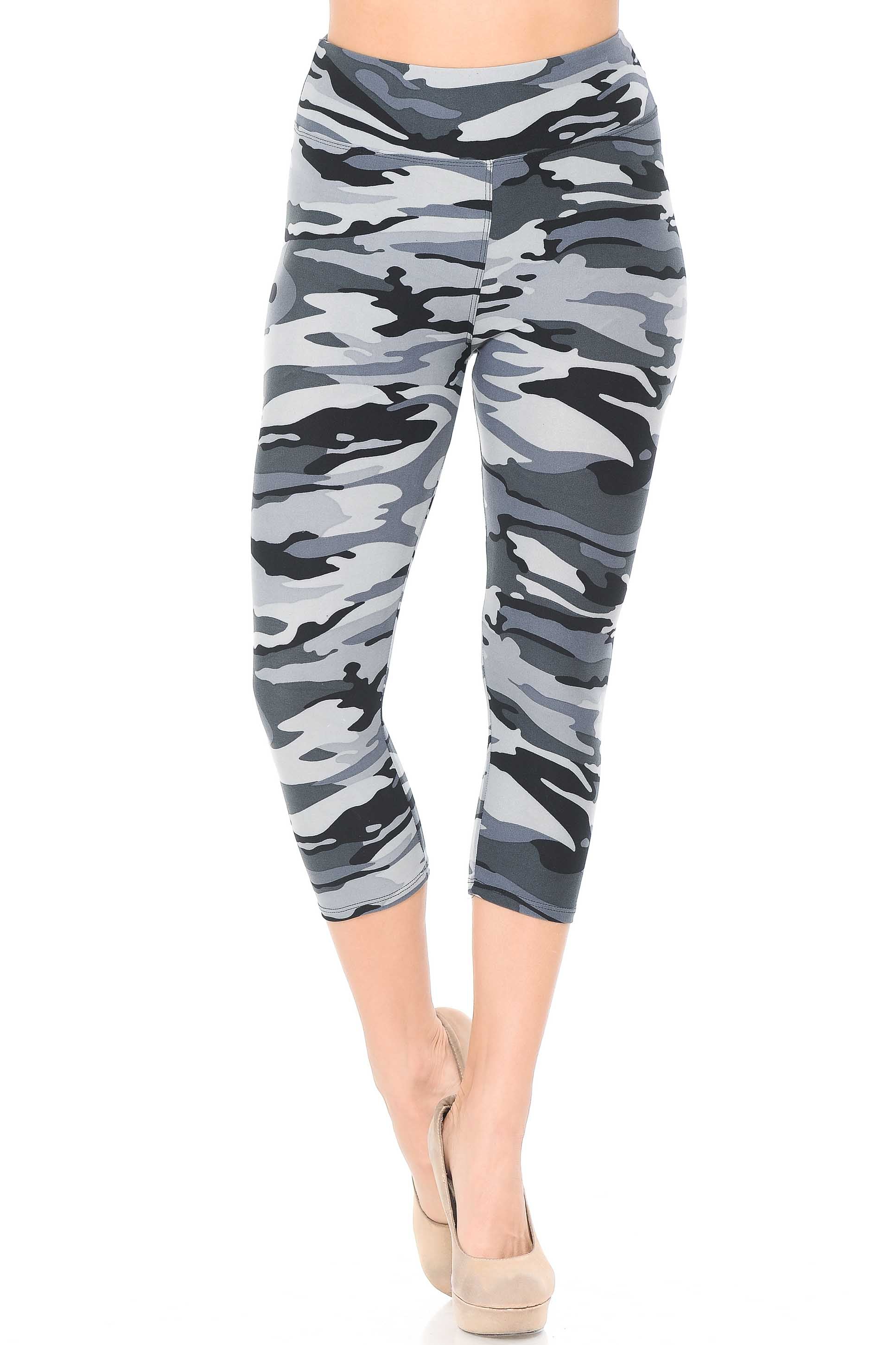 Buttery Soft Charcoal Camouflage High Waist Capris - 3 Inch (One Size Regular,Charcoal)