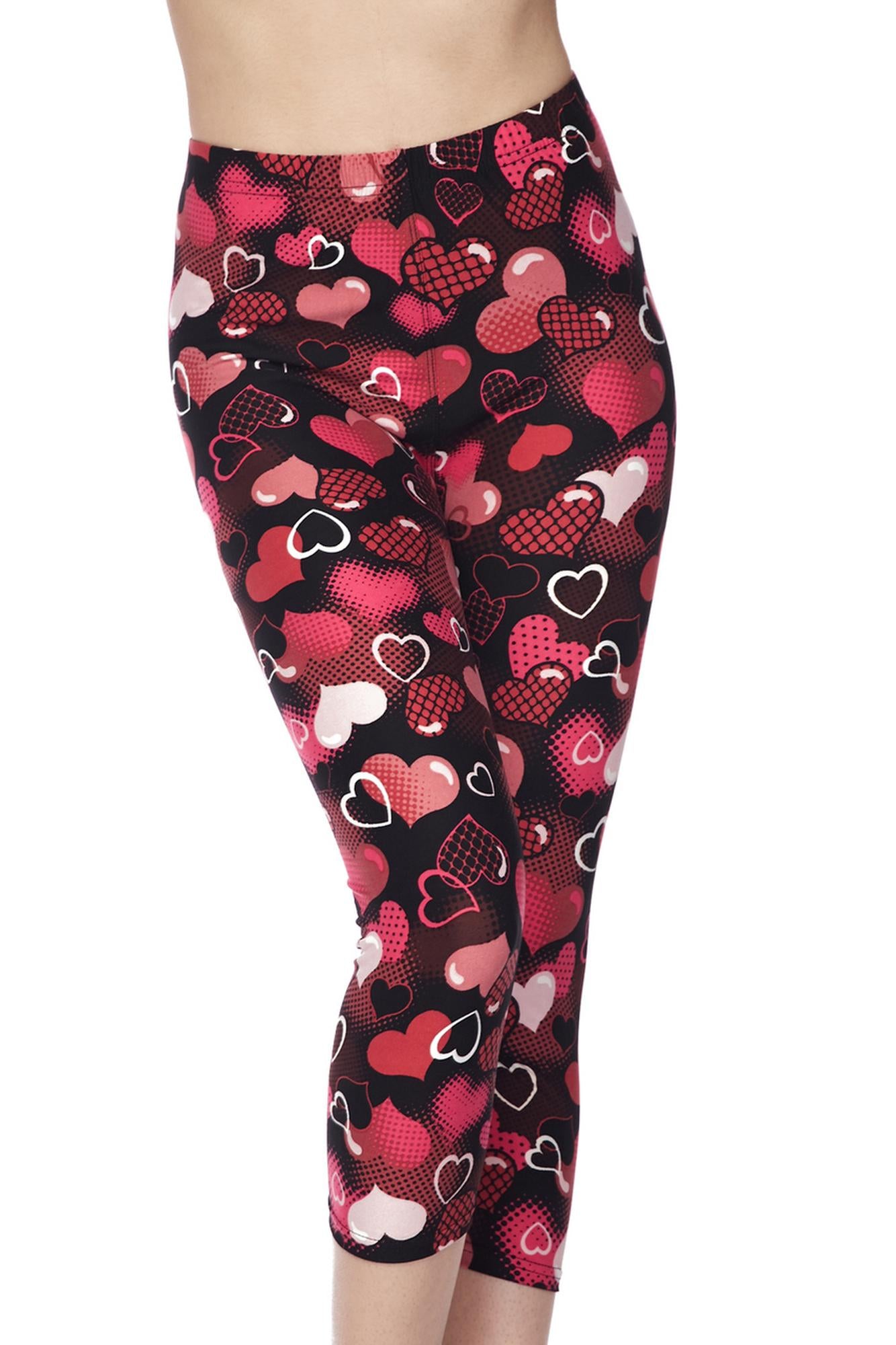 Buttery Soft Cute Cartoon Hearts Capris (One Size Regular,Red)