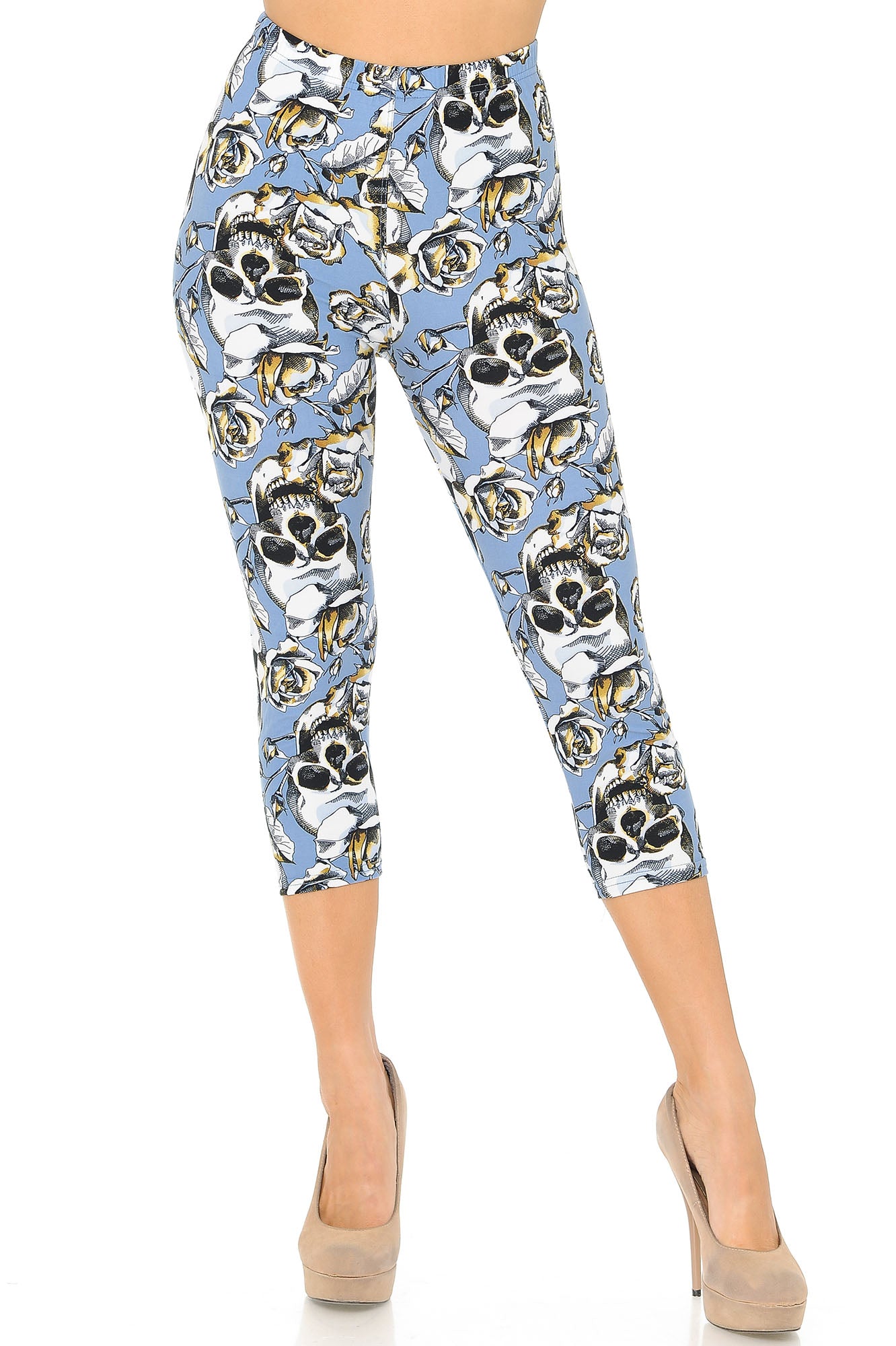 Buttery Soft Charcoal Rose Sugar Skull Capris (One Size Regular,Charcoal)