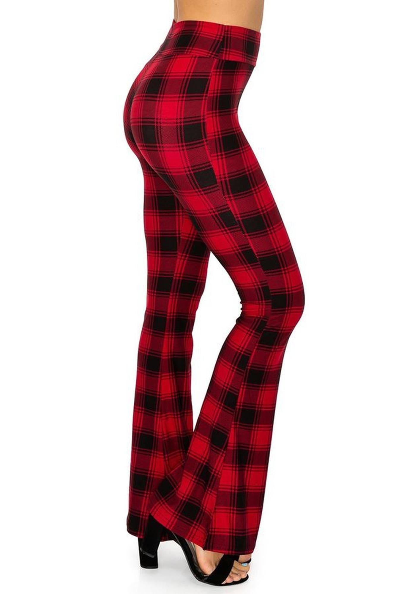 Buttery Smooth Red and Black Plaid Bell Bottom Leggings