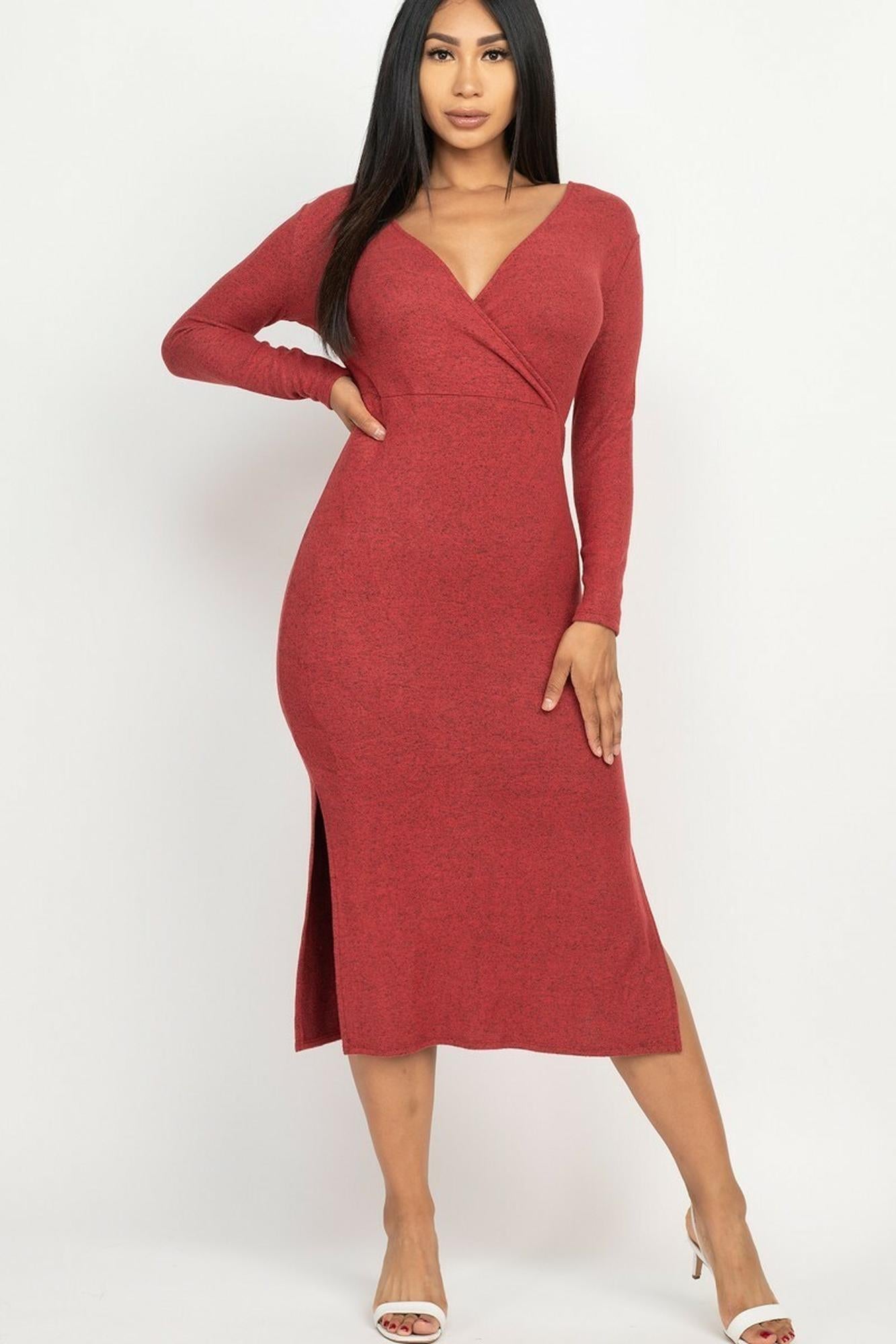 Long Sleeve V|Neck Brushed Knit Double Side Slit Midi Dress