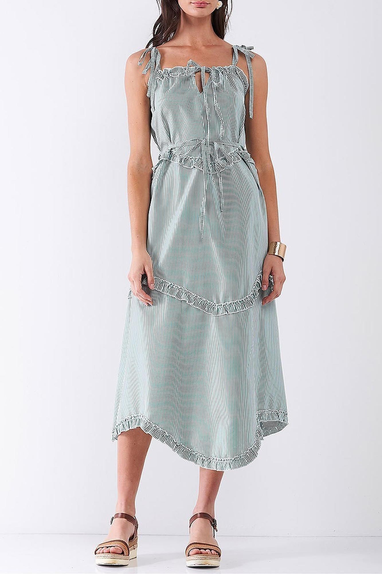 Ruffle Accent Striped Tie String Wavy Hem Rayon Midi Dress