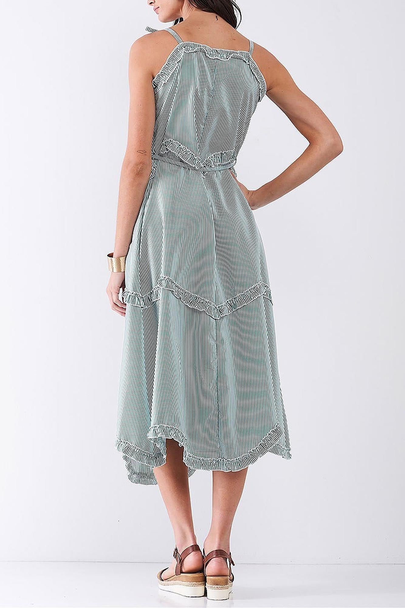 Ruffle Accent Striped Tie String Wavy Hem Rayon Midi Dress