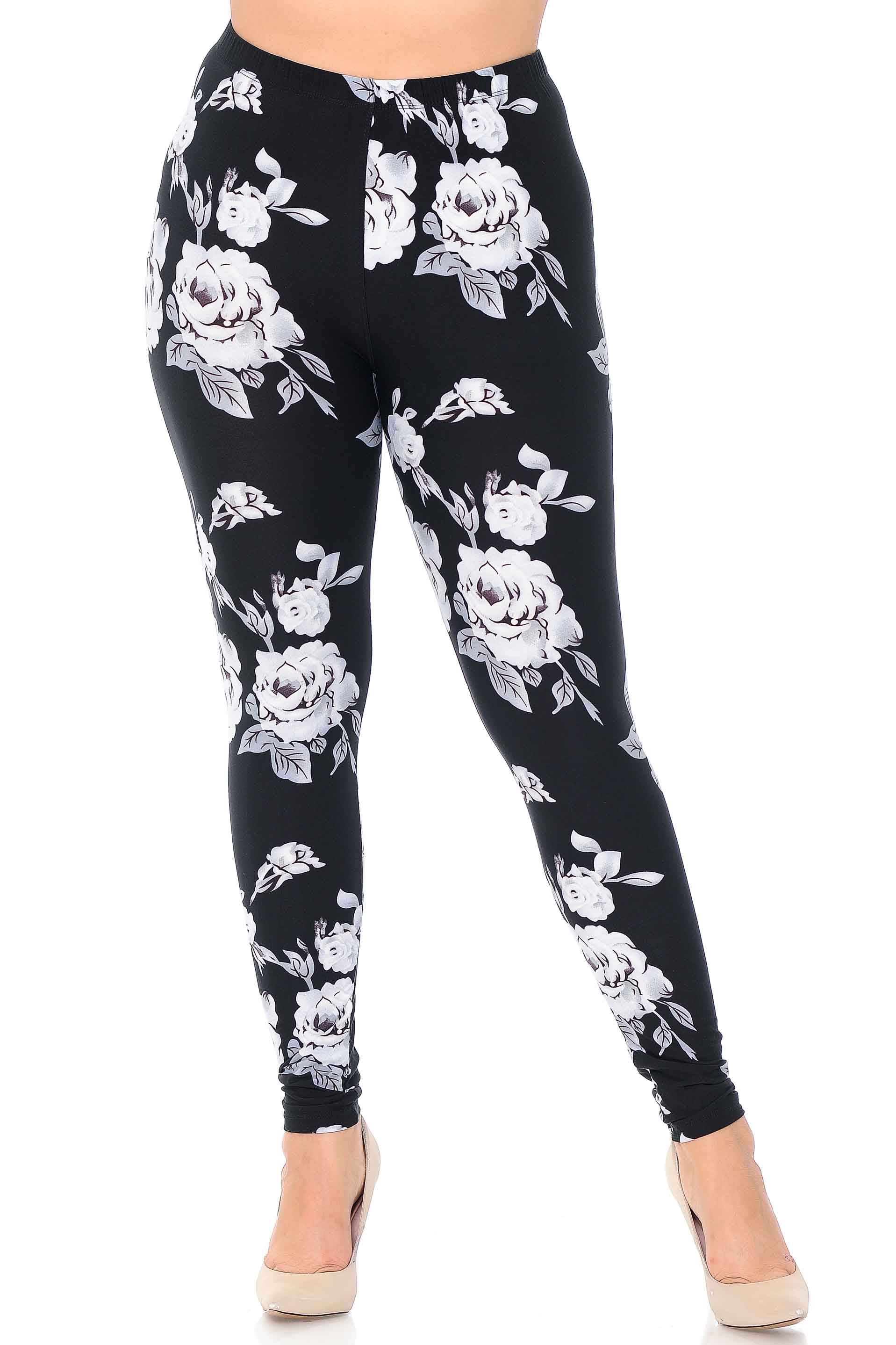 Buttery Soft Jumbo White Rose Extra Plus Size Leggings - 3X - 5X (XPlus One Size,Black)