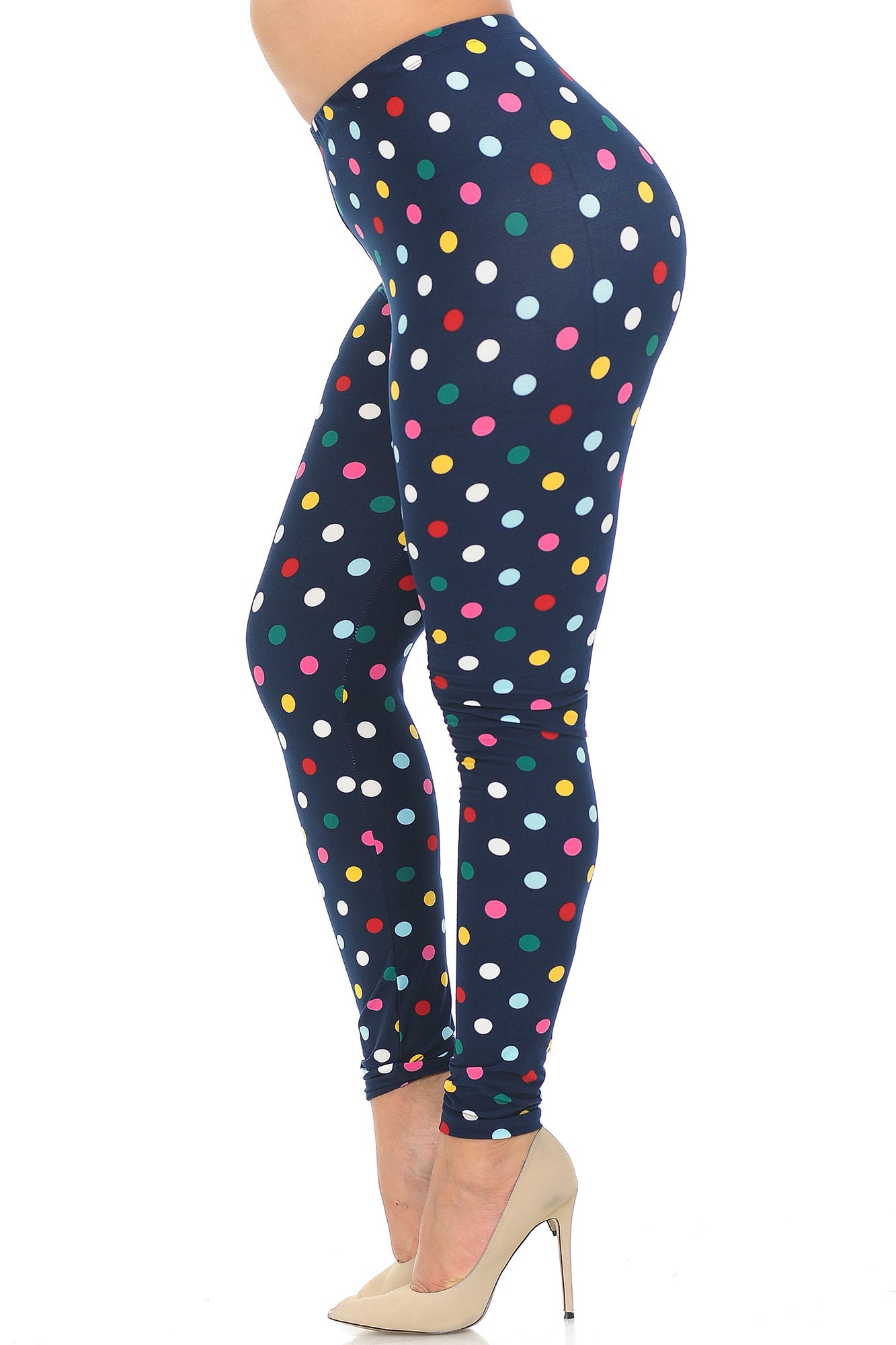 Buttery Soft Colorful Polka Dot Plus Size Leggings - 3X-5X (XPlus One Size,Navy)
