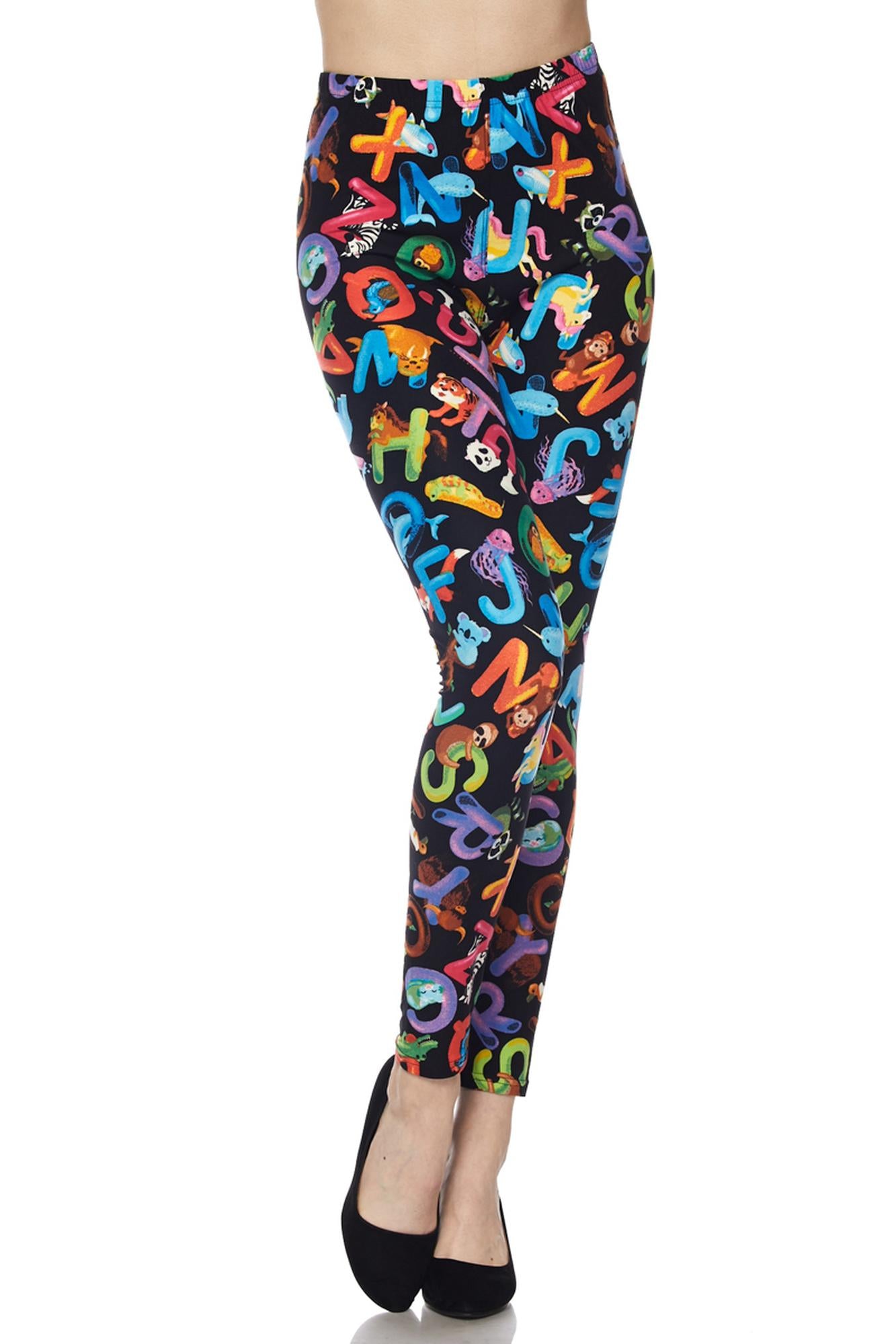 Buttery Soft Animal Alphabet Extra Plus Size Leggings - 3X-5X (XPlus One Size,Black)