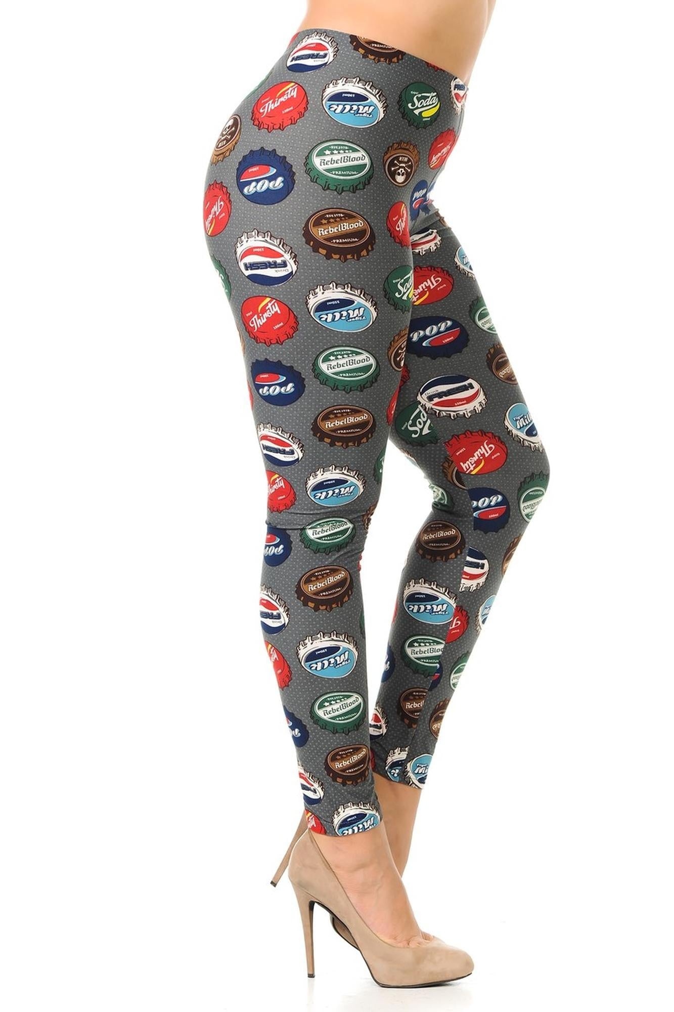 Buttery Soft Groovy Bottlecap Plus Size Leggings - 3X-5X (One Size Plus,Charcoal)