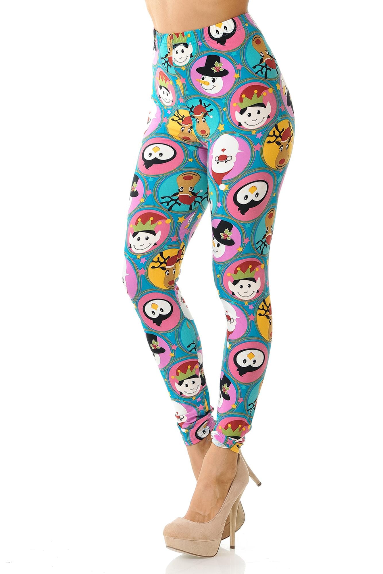 Buttery Soft Cute Christmas Faces Plus Size Leggings - 3X-5X (One Size Plus,Blue)