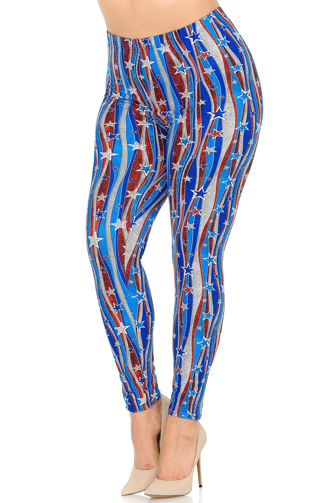 Buttery Soft Metallic USA Flag Plus Size Leggings - 3X-5X (One Size Plus,Blue)