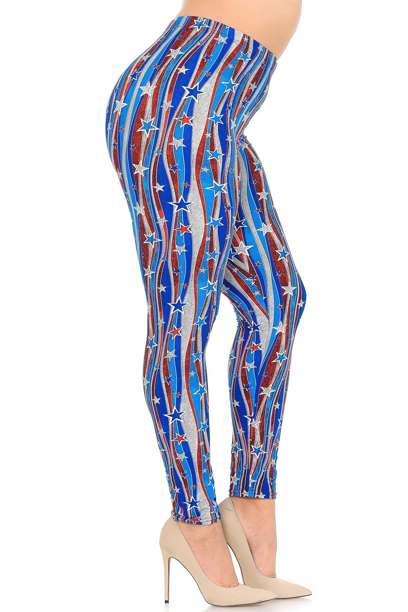 Buttery Soft Metallic USA Flag Plus Size Leggings - 3X-5X (One Size Plus,Blue)