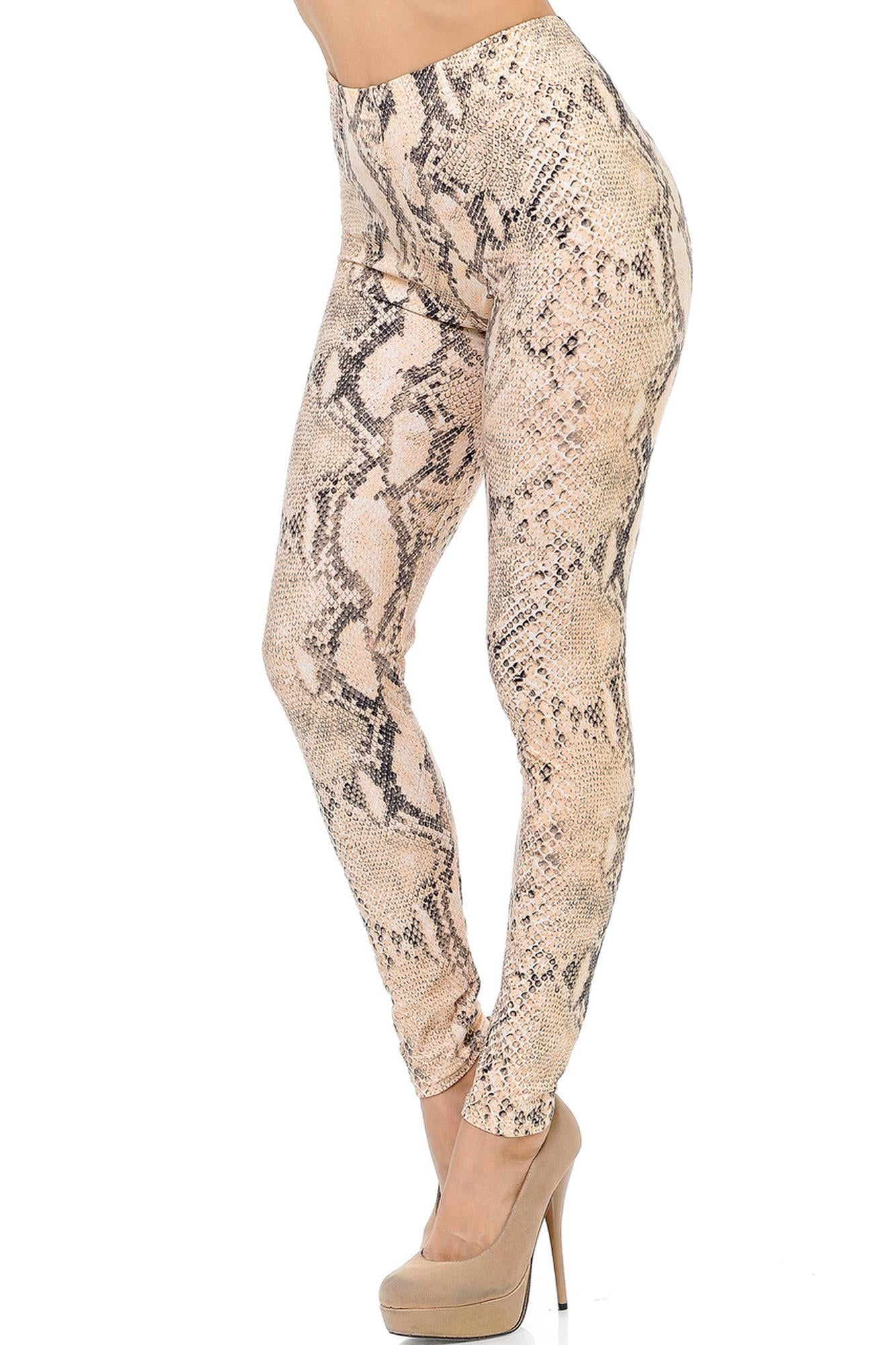 Buttery Soft Cream Snakeskin Extra Plus Size Leggings - 3X-5X (One Size Plus,Beige)