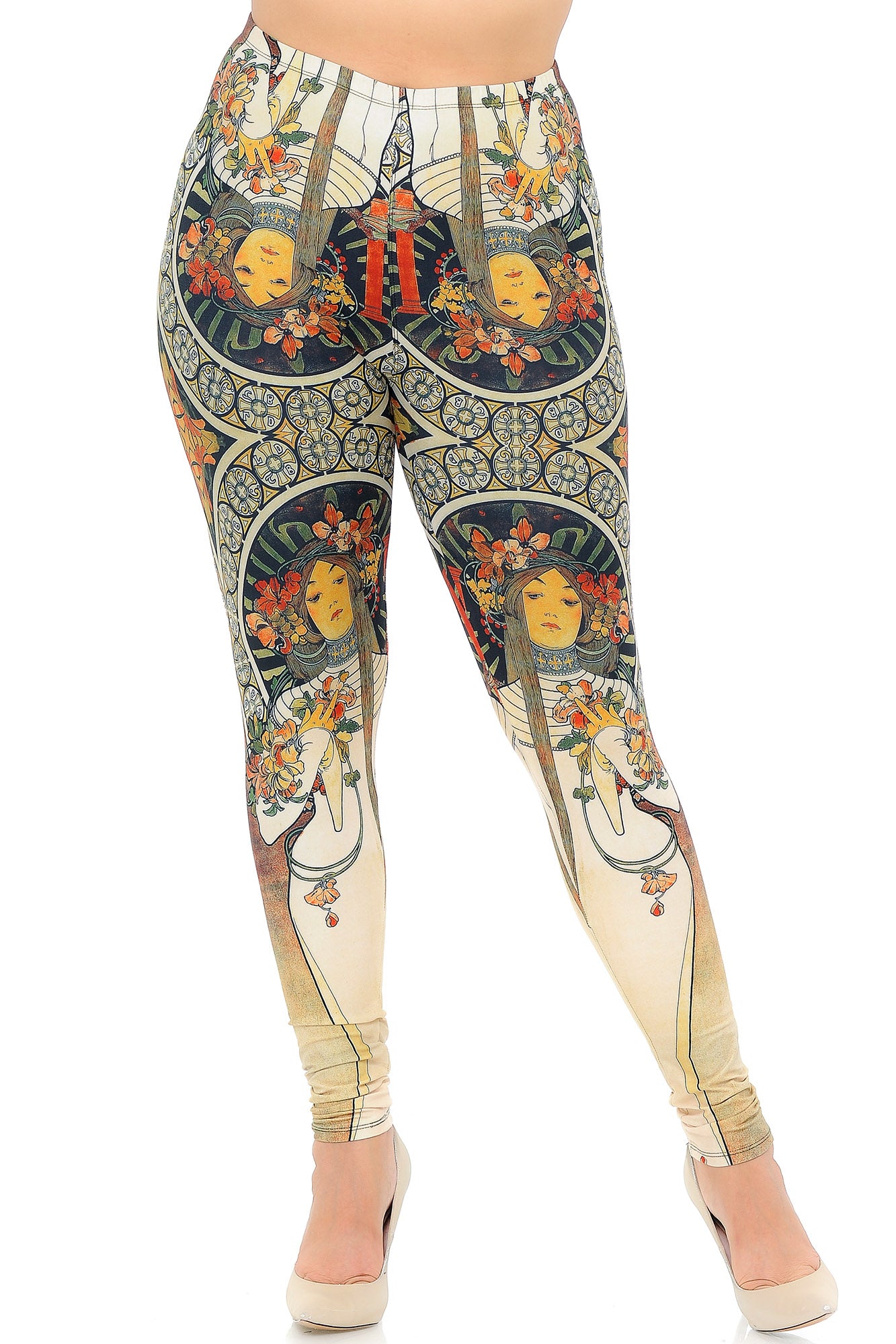 Creamy Soft Gaia Mucha Extra Plus Size Leggings - 3X-5X - USA Fashion (XPlus One Size,Beige)