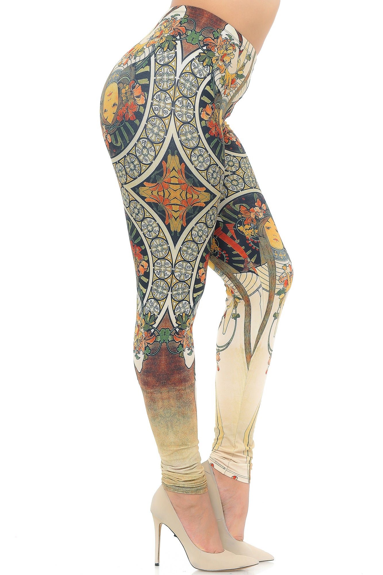 Creamy Soft Gaia Mucha Extra Plus Size Leggings - 3X-5X - USA Fashion (XPlus One Size,Beige)