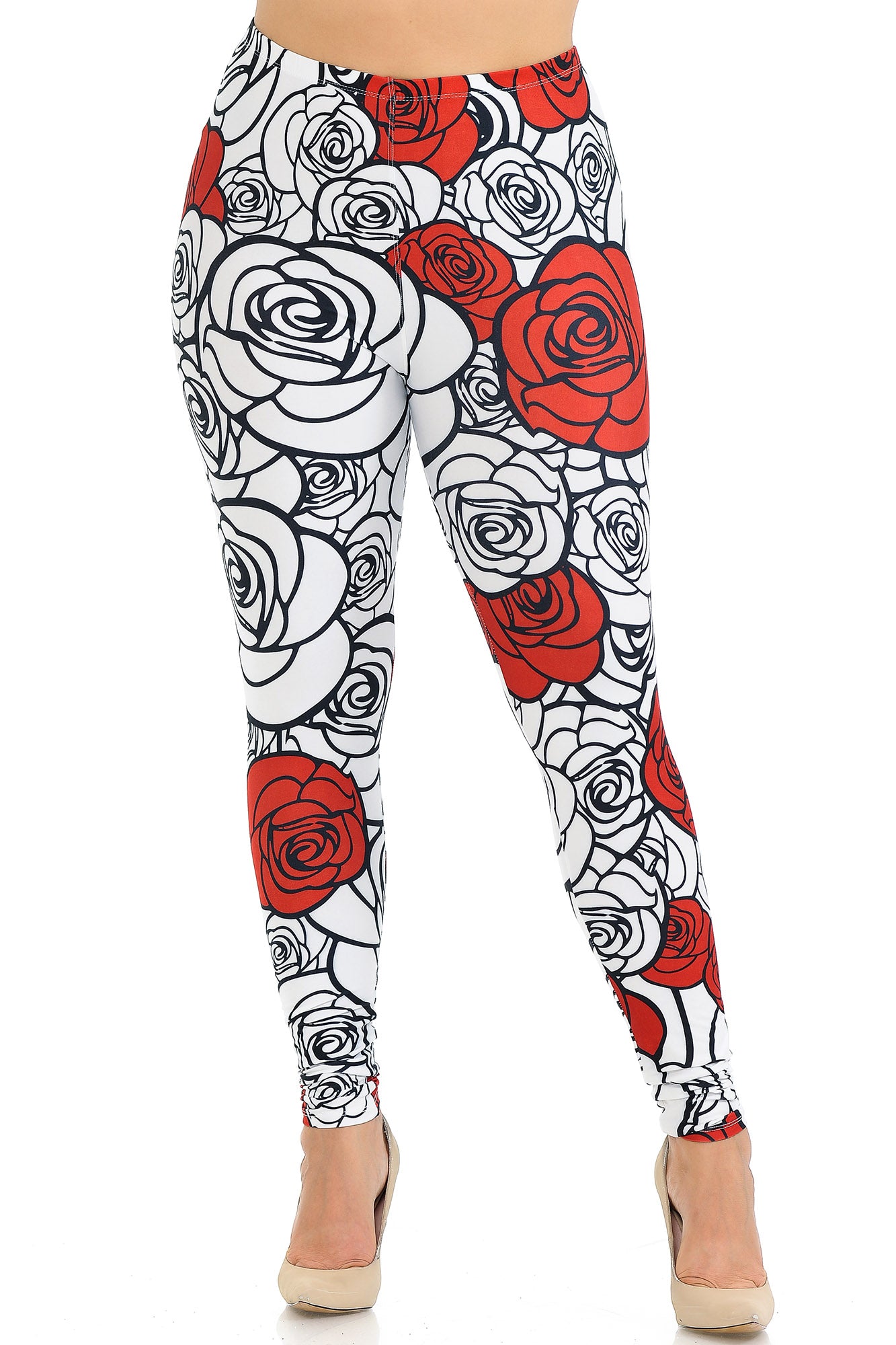 Creamy Soft Red Stencil Roses Extra Plus Size Leggings - 3X-5X - USA Fashion (XPlus One Size,White)