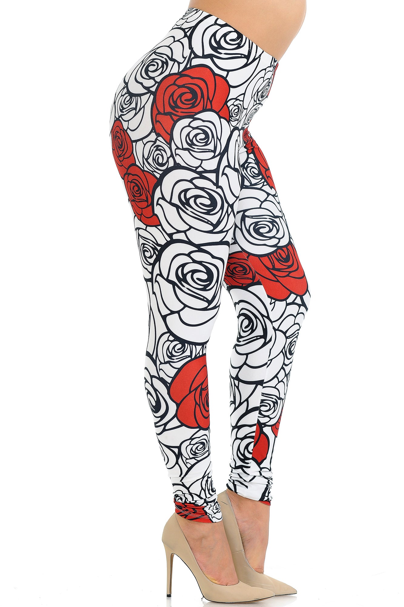 Creamy Soft Red Stencil Roses Extra Plus Size Leggings - 3X-5X - USA Fashion (XPlus One Size,White)