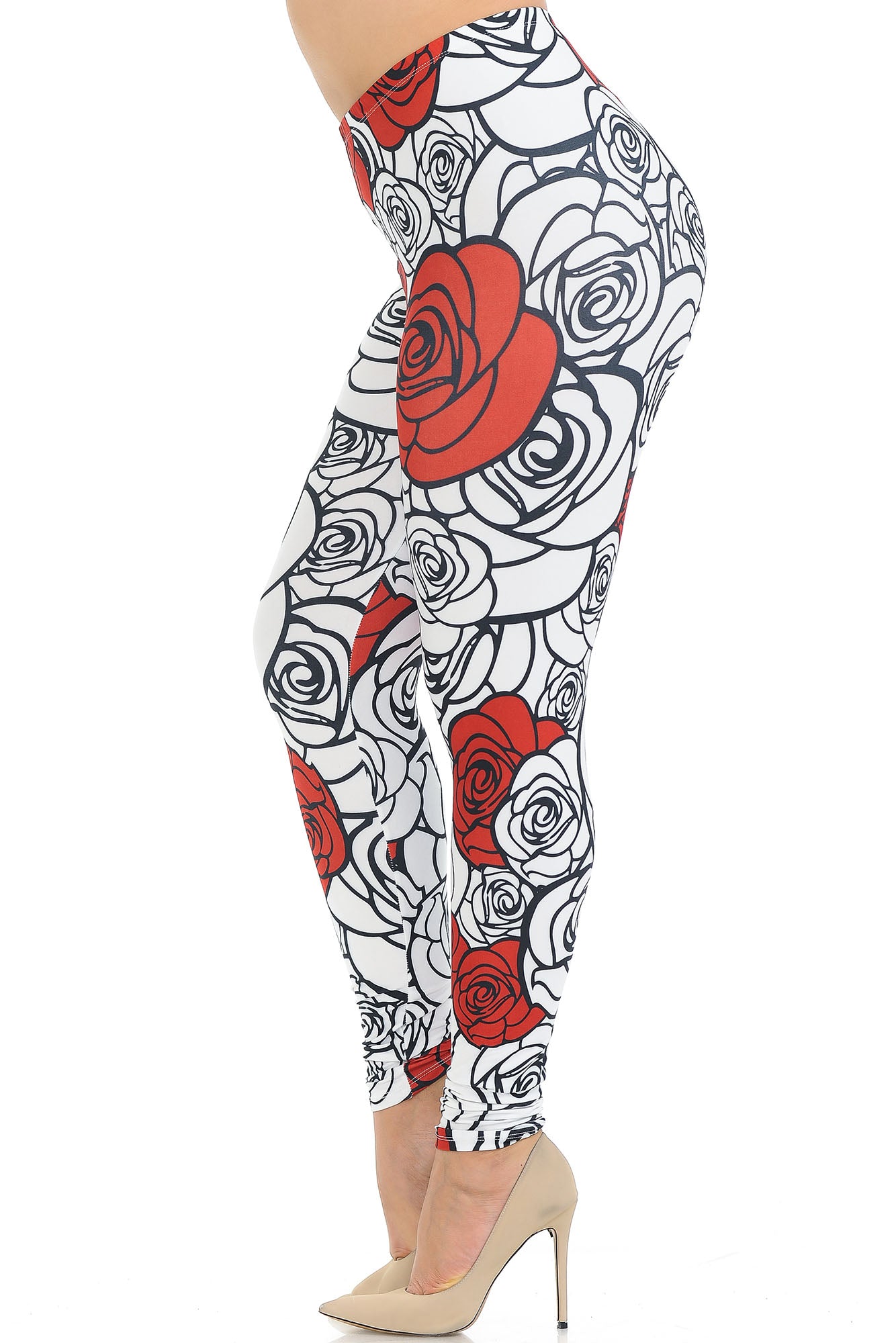 Creamy Soft Red Stencil Roses Extra Plus Size Leggings - 3X-5X - USA Fashion (XPlus One Size,White)