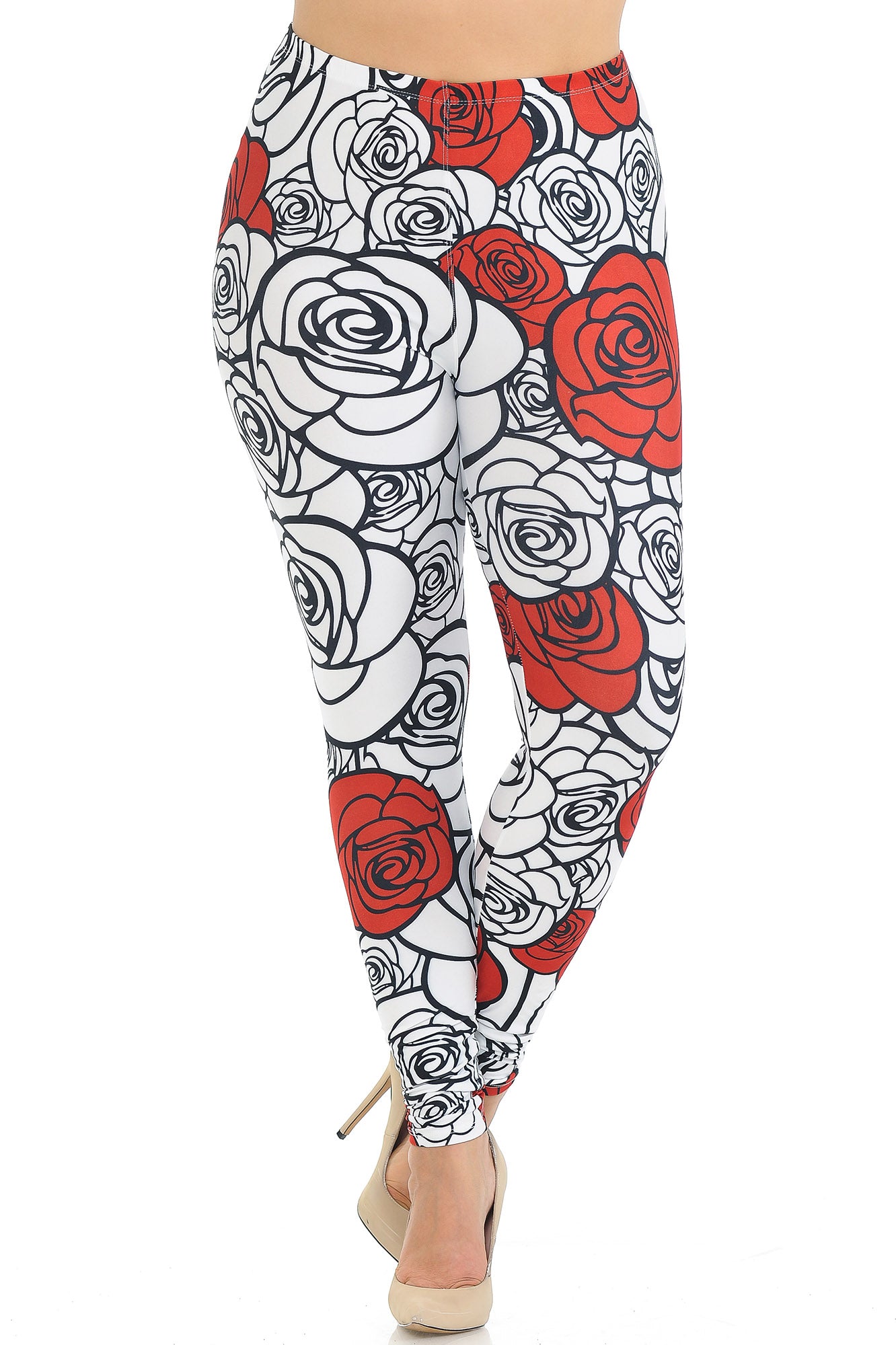 Creamy Soft Red Stencil Roses Extra Plus Size Leggings - 3X-5X - USA Fashion (XPlus One Size,White)